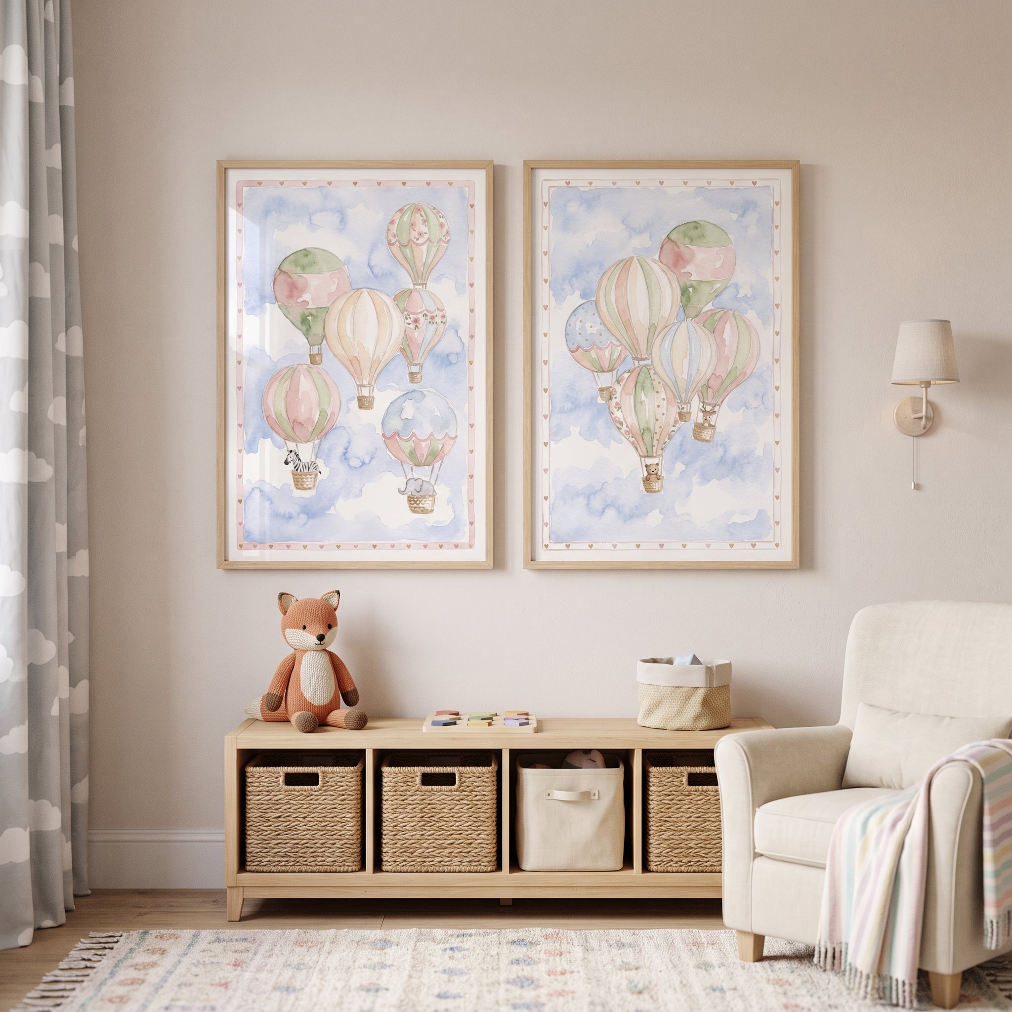 Whimsical Hot Air Balloon Wall Art Set Of 2 - Pastel Sky Travels