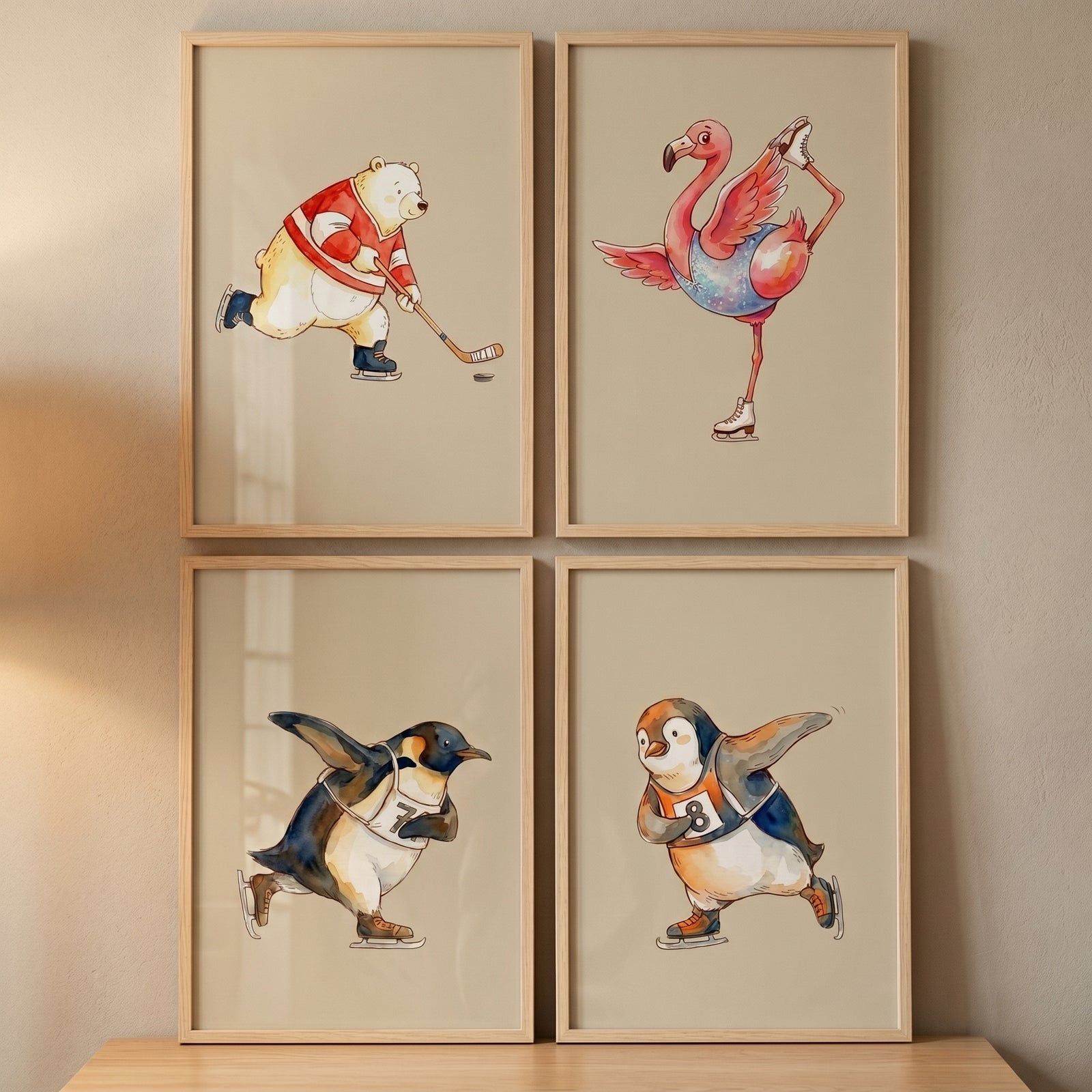 Whimsical ice skating animals wall art set of 4 featuring a hockey bear, skating flamingo, and two racing penguins.