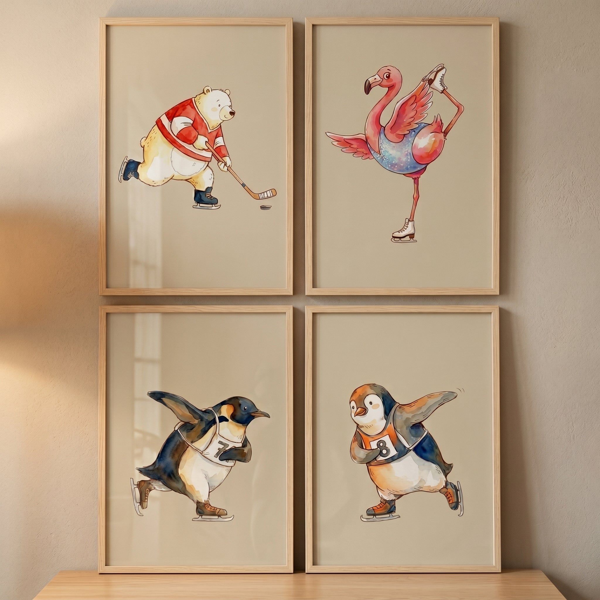 Whimsical Ice Skating Animals Wall Art Set of 4 - Winter Sports Animals
