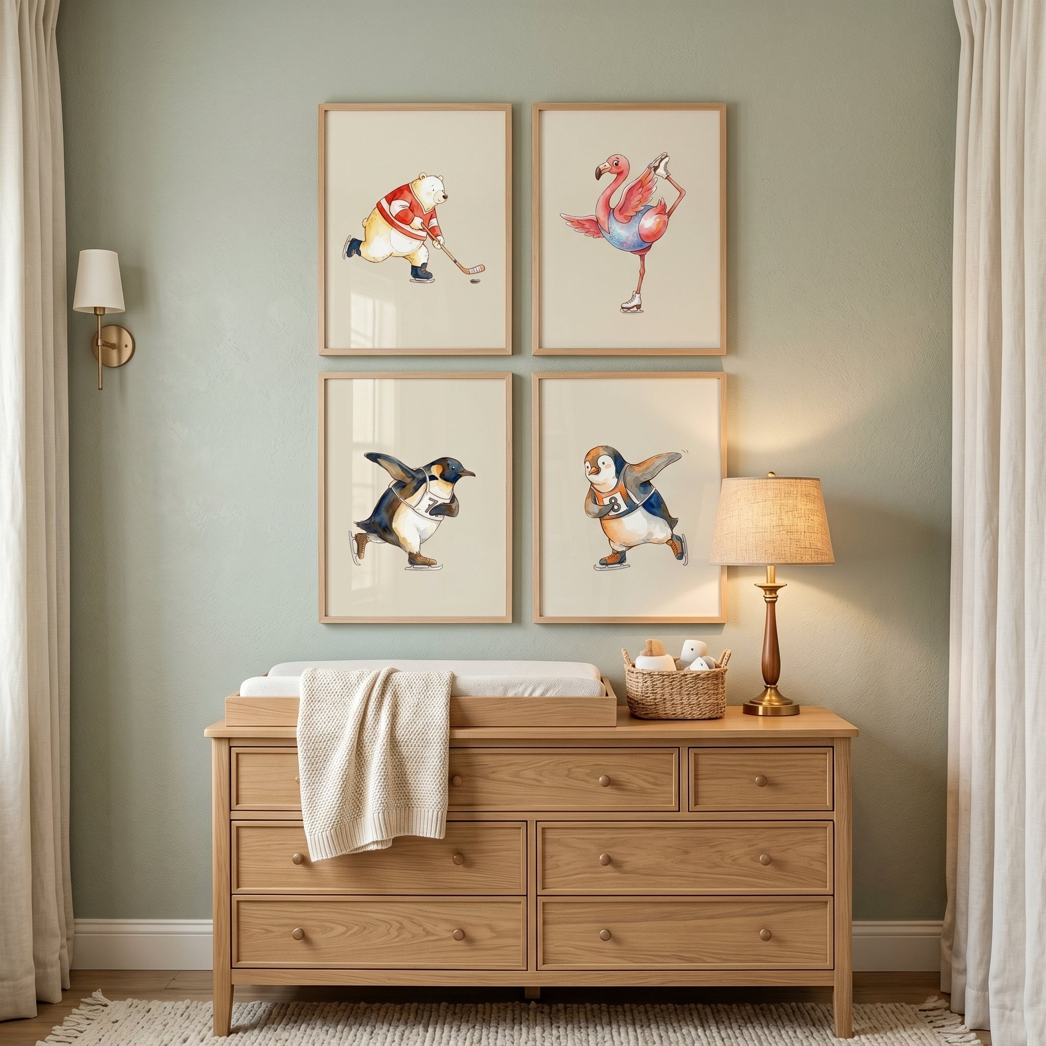 Whimsical Ice Skating Animals Wall Art Set of 4 - Winter Sports Animals