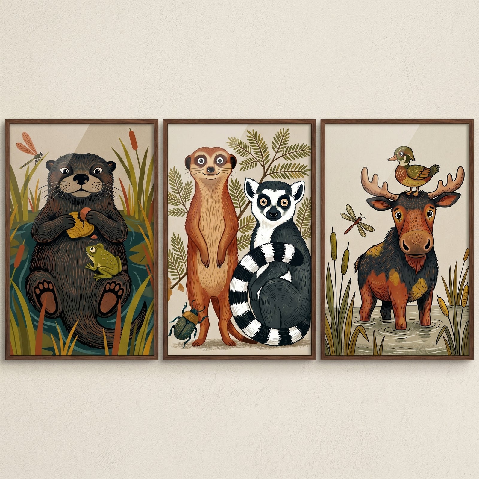 Whimsical illustrated nature animals wall art set of 3 featuring an otter, frog, meerkat, lemur, moose, and duck in nature.