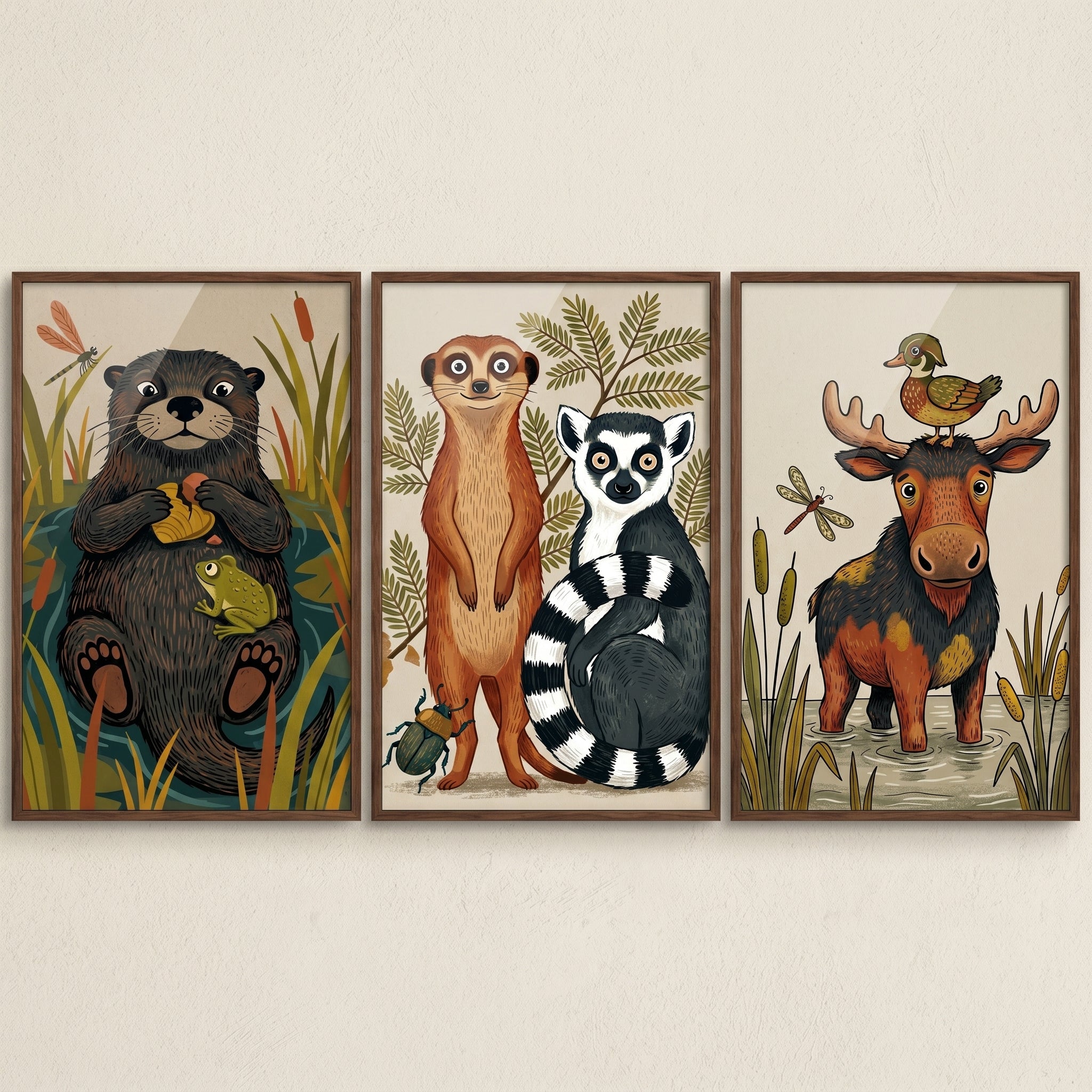 Whimsical Illustrated Nature Animals Wall Art Set of 3 - Playful Wildlife Trio