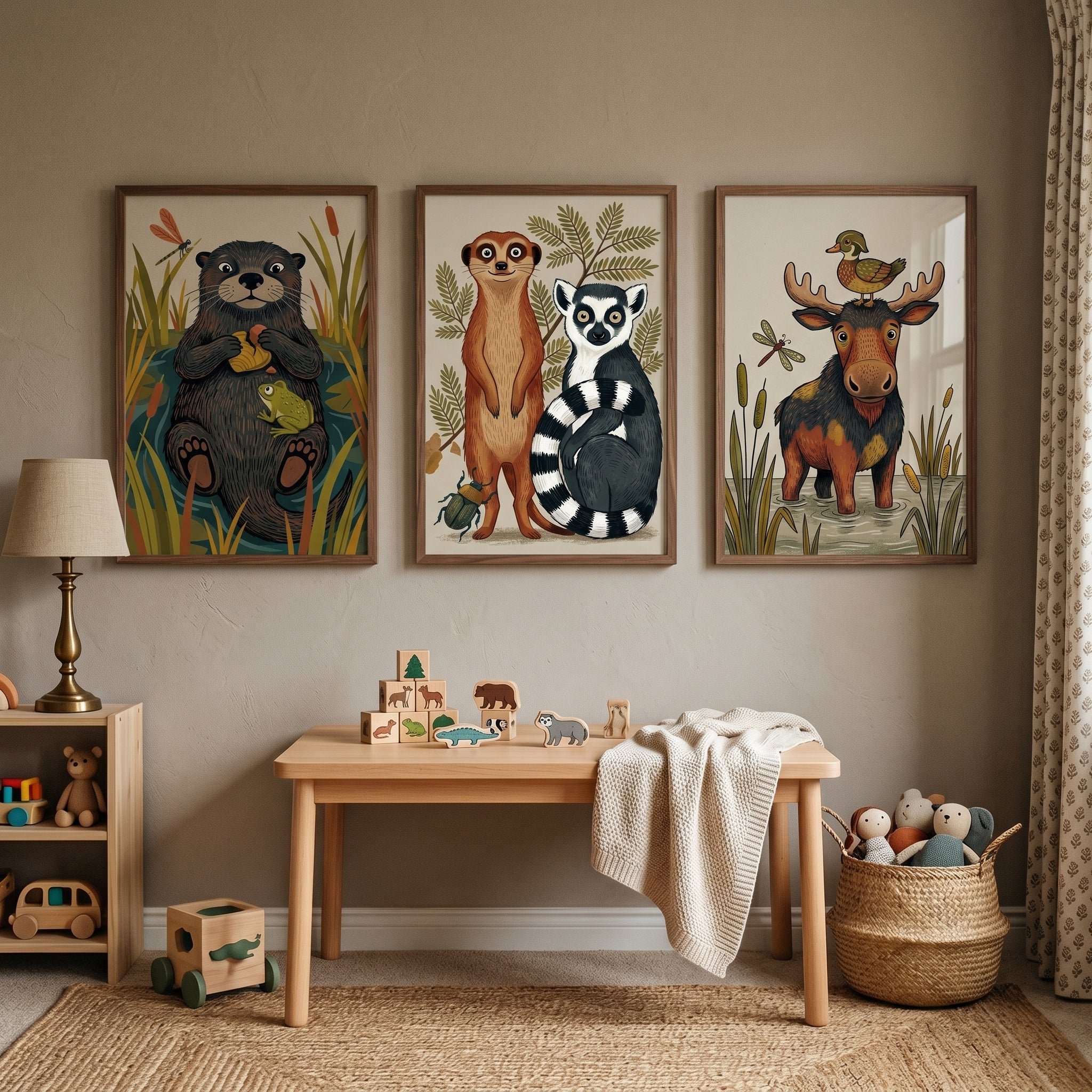 Whimsical Illustrated Nature Animals Wall Art Set of 3 - Playful Wildlife Trio