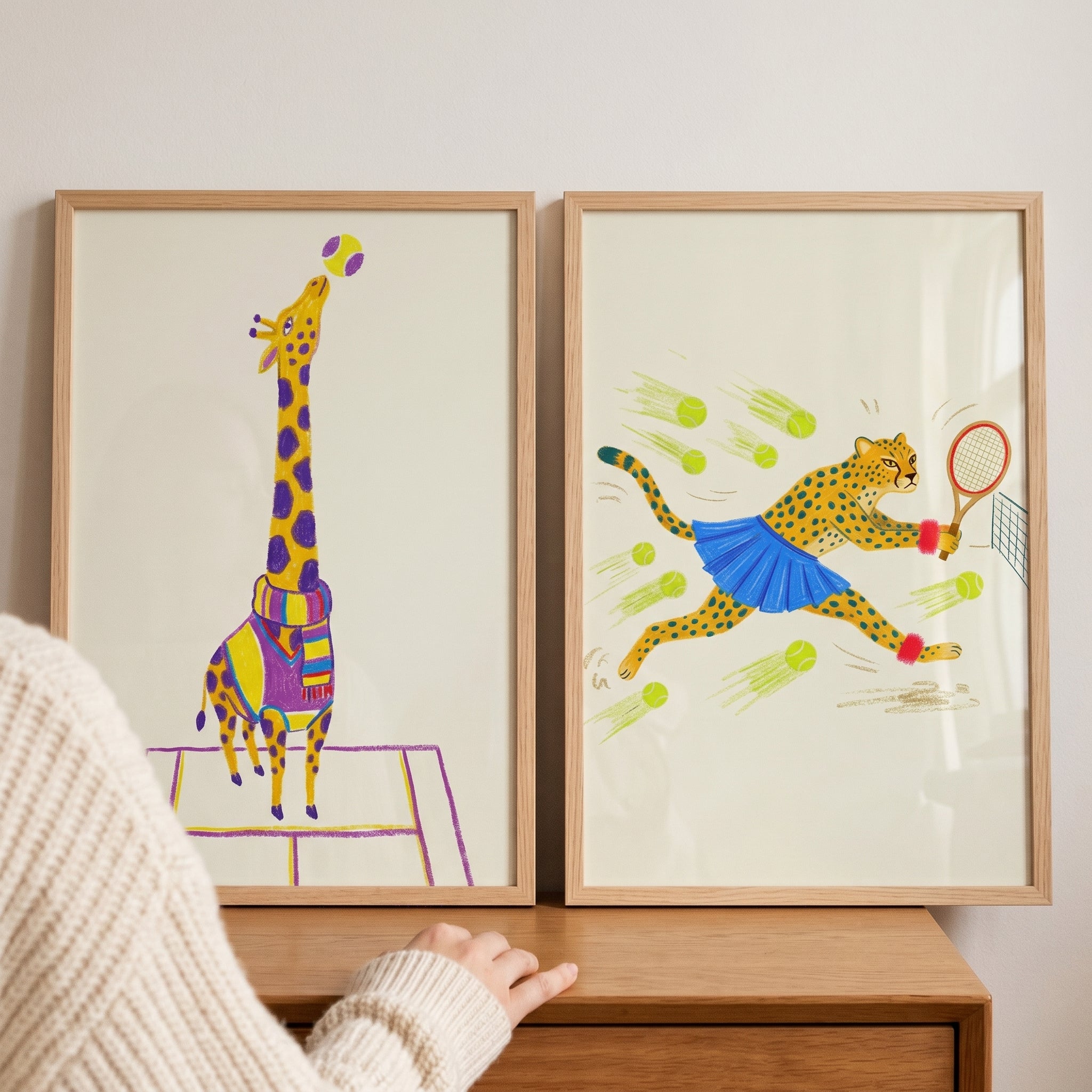 Whimsical Illustrated Tennis Animal Wall Art Set of 2 - Tennis Safari