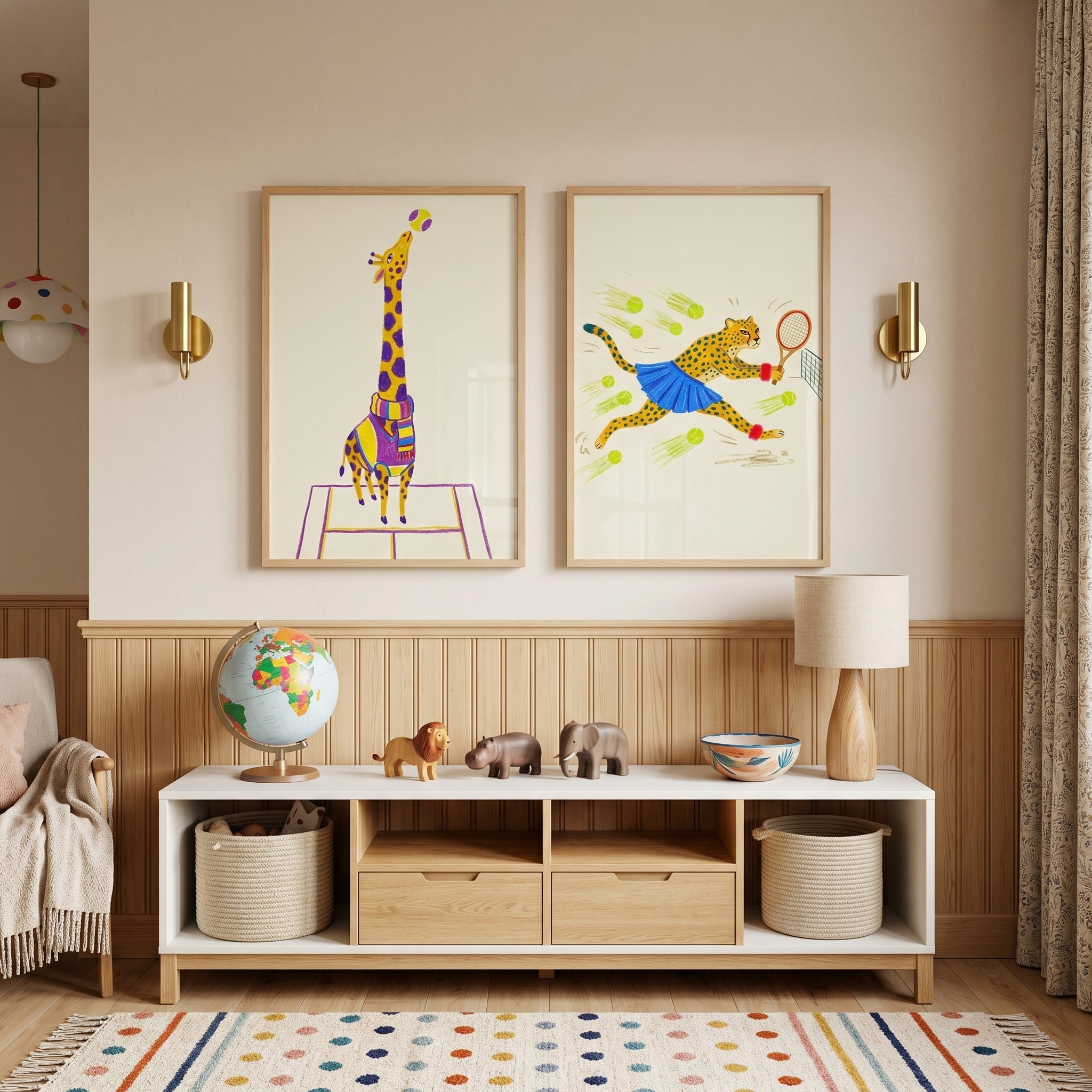 Whimsical Illustrated Tennis Animal Wall Art Set of 2 - Tennis Safari