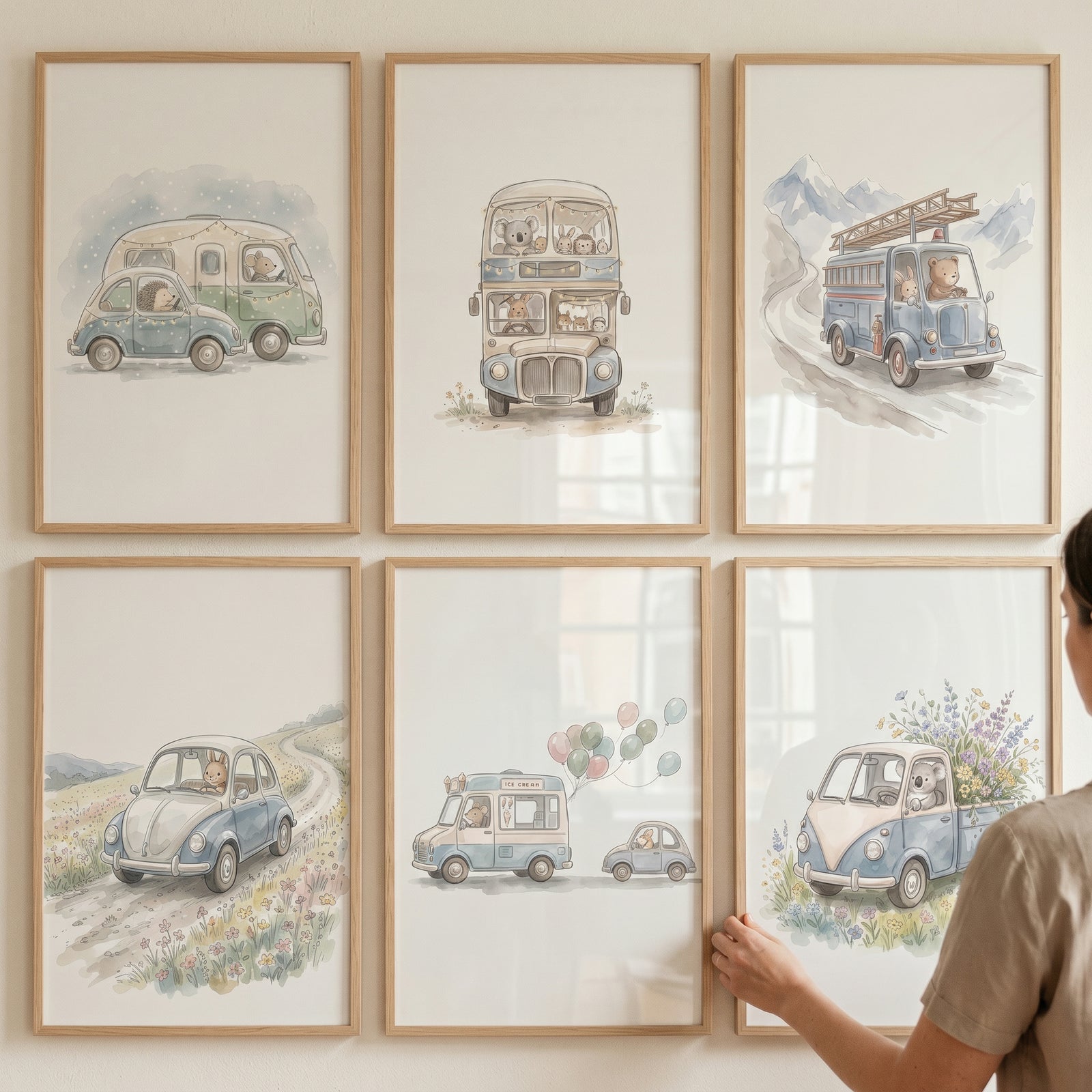 Whimsical illustrative driving animals wall art set of 6 framed prints featuring cute creatures in vintage vehicles.
