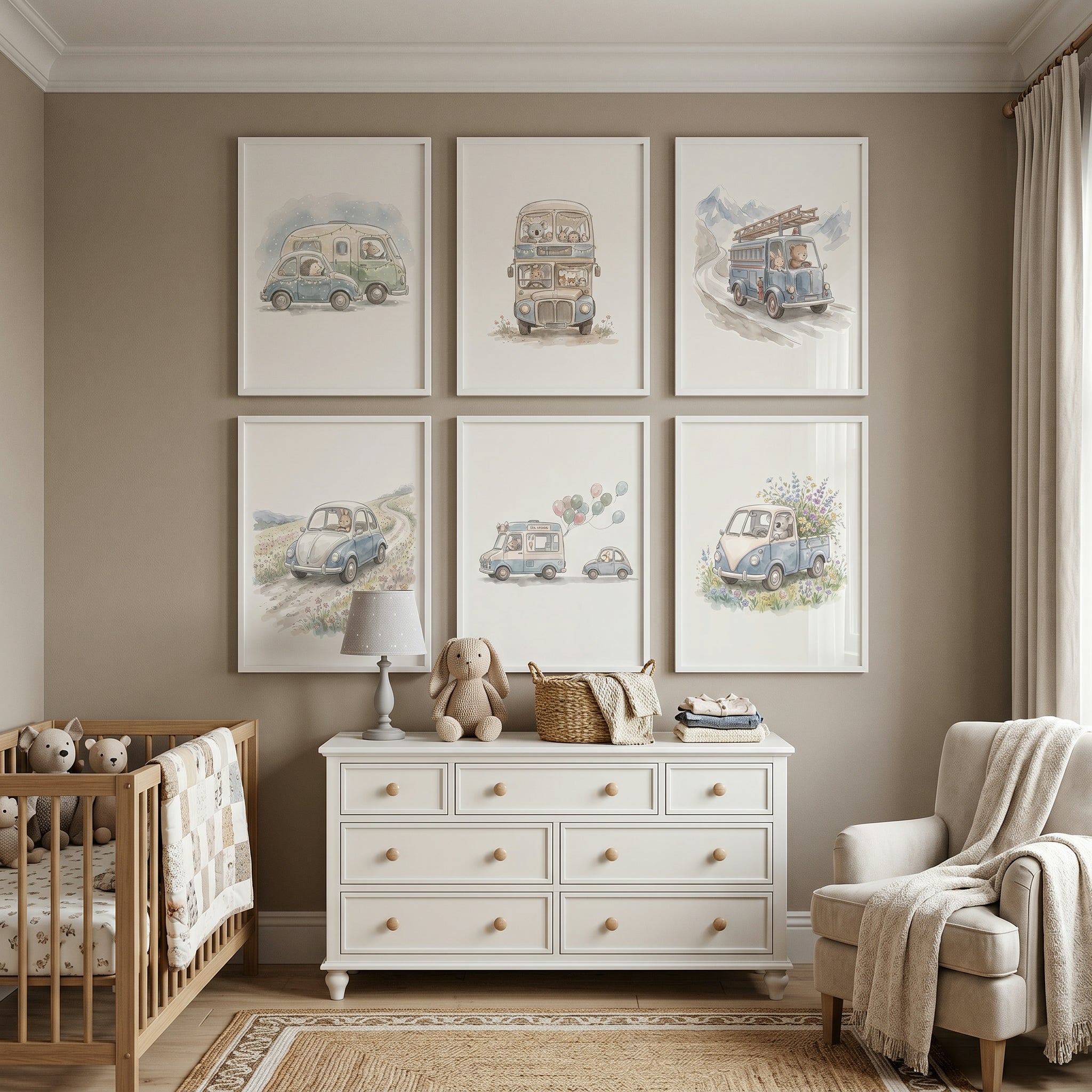 Whimsical Illustrative Driving Animals Wall Art Set of 6 - Whimsical Animal Journeys