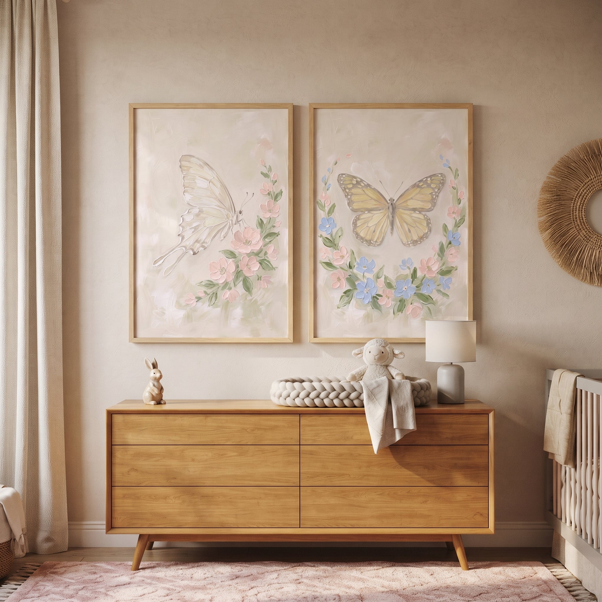 Whimsical Impasto Botanical Butterfly Wall Art Set of 2 - Soft Floral Wings
