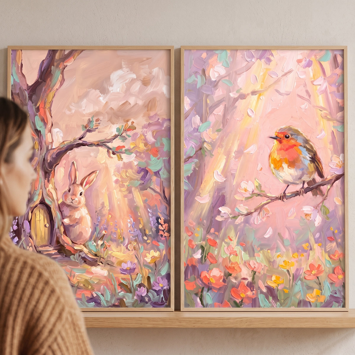 Whimsical impasto woodland animals wall art set of 2 featuring a textured bunny and a robin in a soft pastel forest.