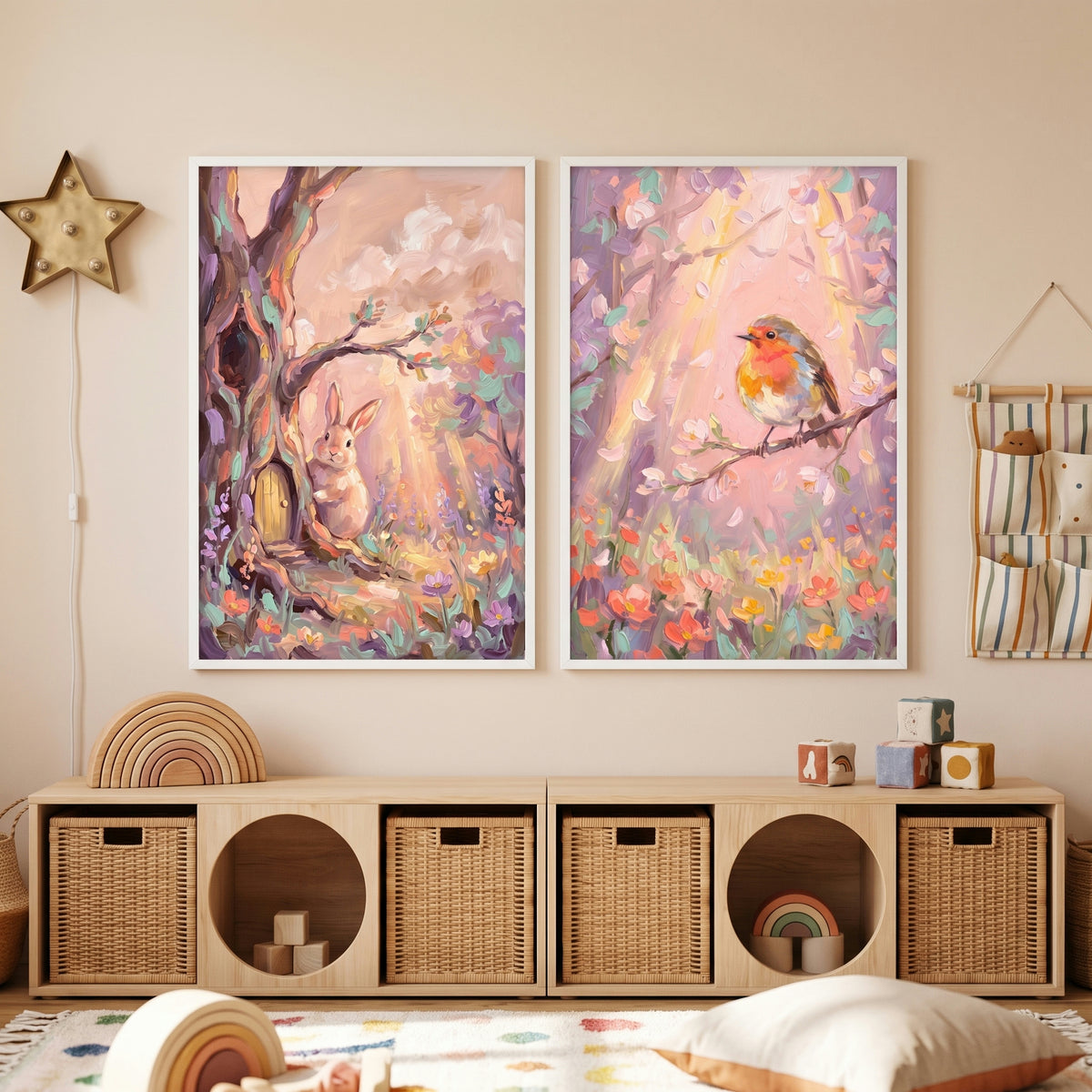 Whimsical Impasto Woodland Animals Wall Art Set of 2 - Pastel Meadow Harmony