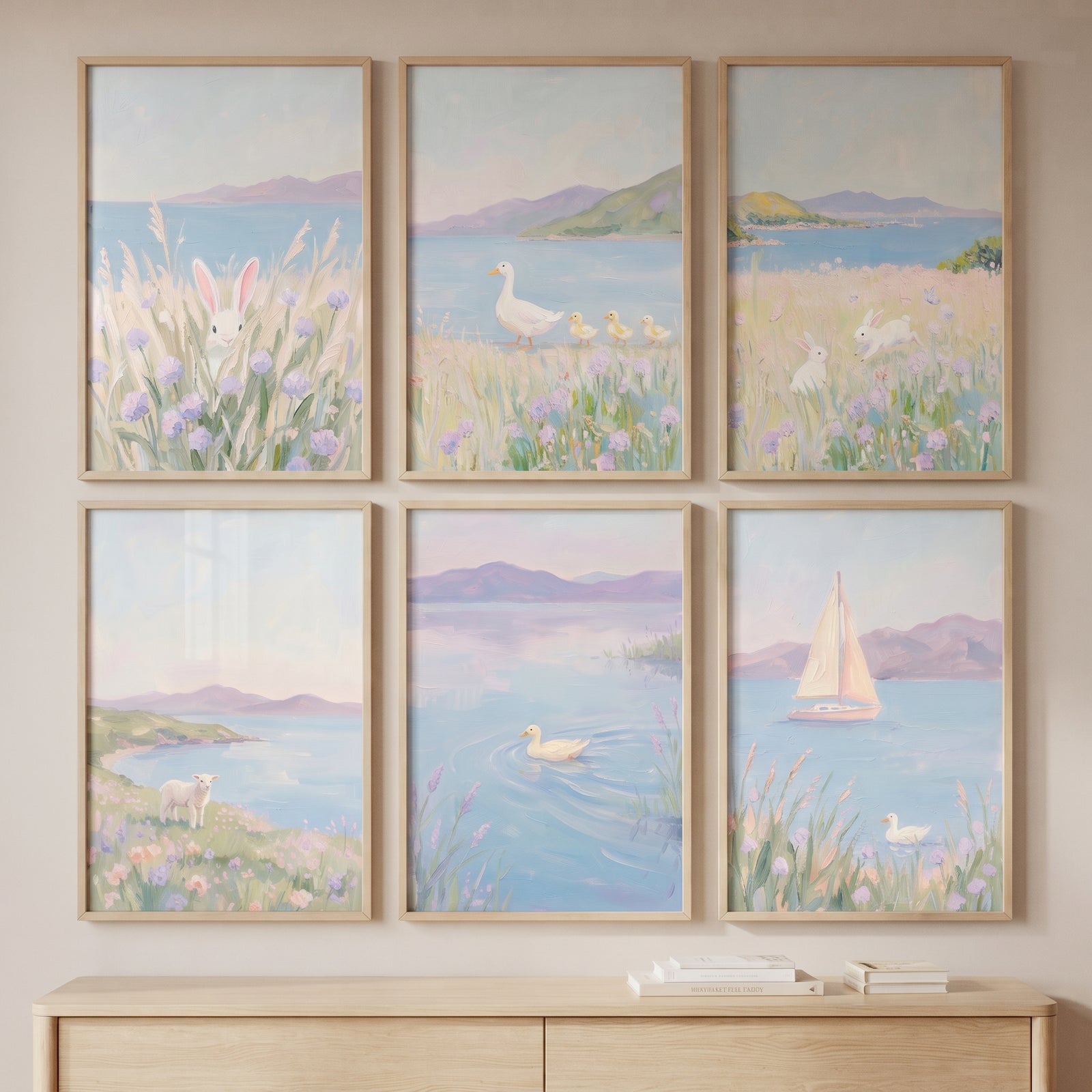 Whimsical impressionist lilac coastal wall art set of 6 with soft pastel rabbits, ducks, a lamb, and a sailboat.