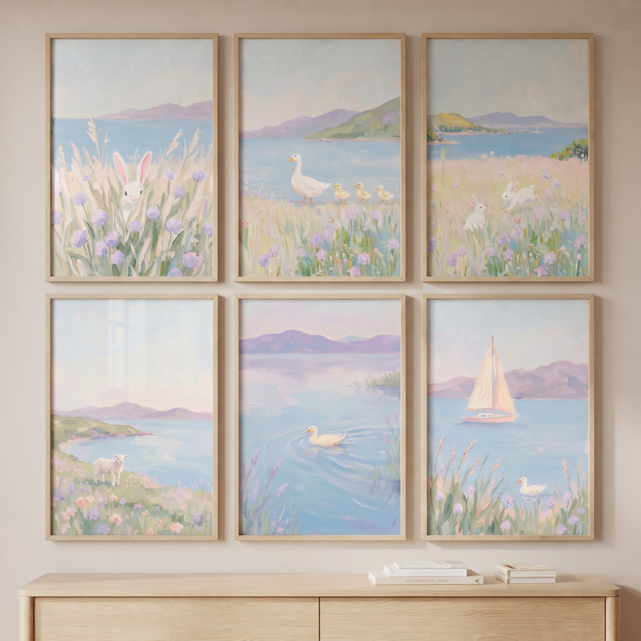 Whimsical Impressionist Lilac Coastal Wall Art Set of 6 - Soft Meadow Dreams