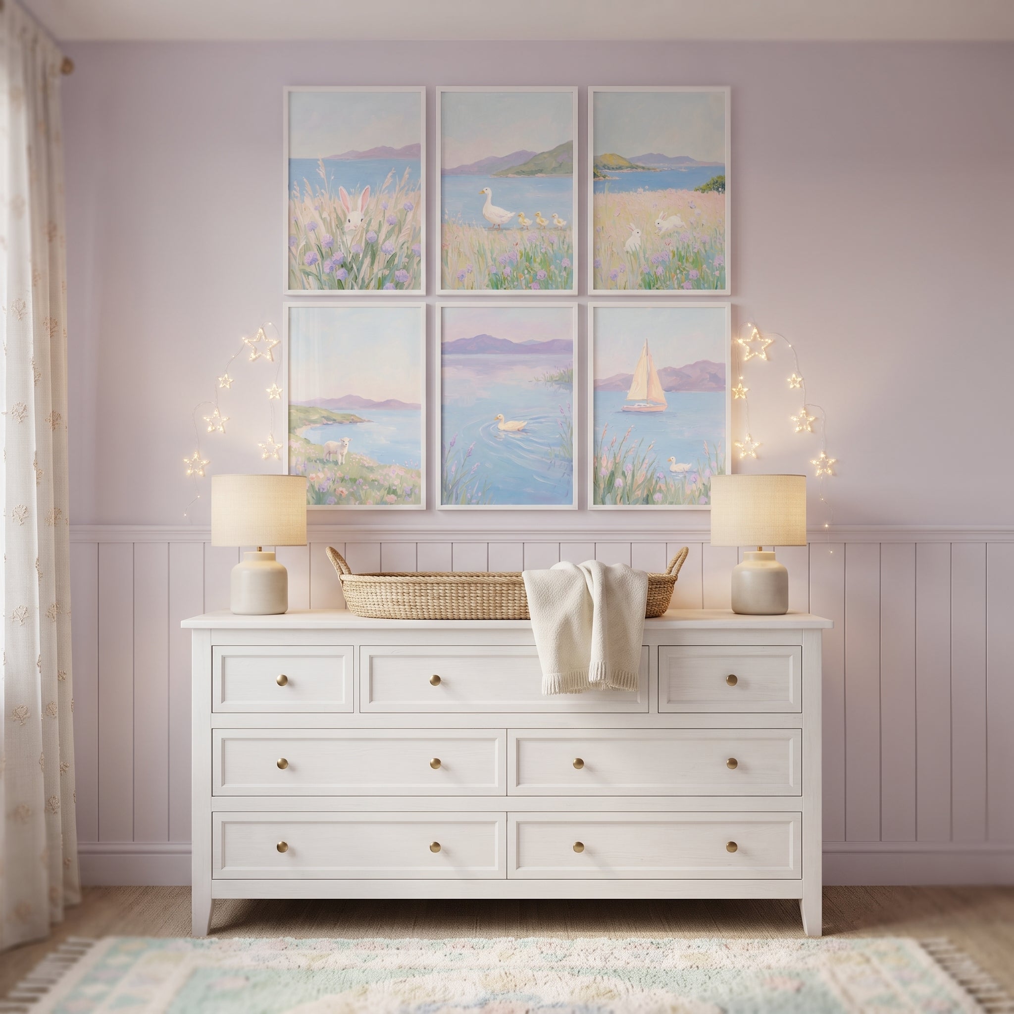 Whimsical Impressionist Lilac Coastal Wall Art Set of 6 - Soft Meadow Dreams