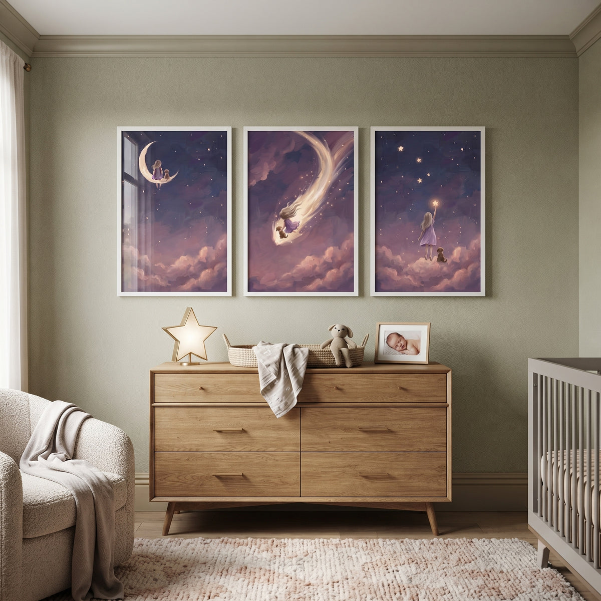 Whimsical Indigo Girl Dog Wall Art Set of 3 - Starry Sky Adventure