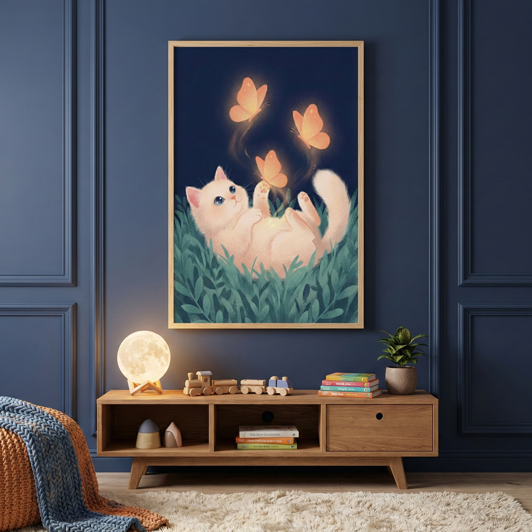 Framed nursery wall art of a white kitten with blue eyes playing in green grass and reaching toward three glowing orange butterflies against a deep navy background. The print hangs above a wooden console with a moon shaped lamp, wooden toy train, stacked children’s books, and a small potted plant, creating a cozy night themed kids room decor scene.