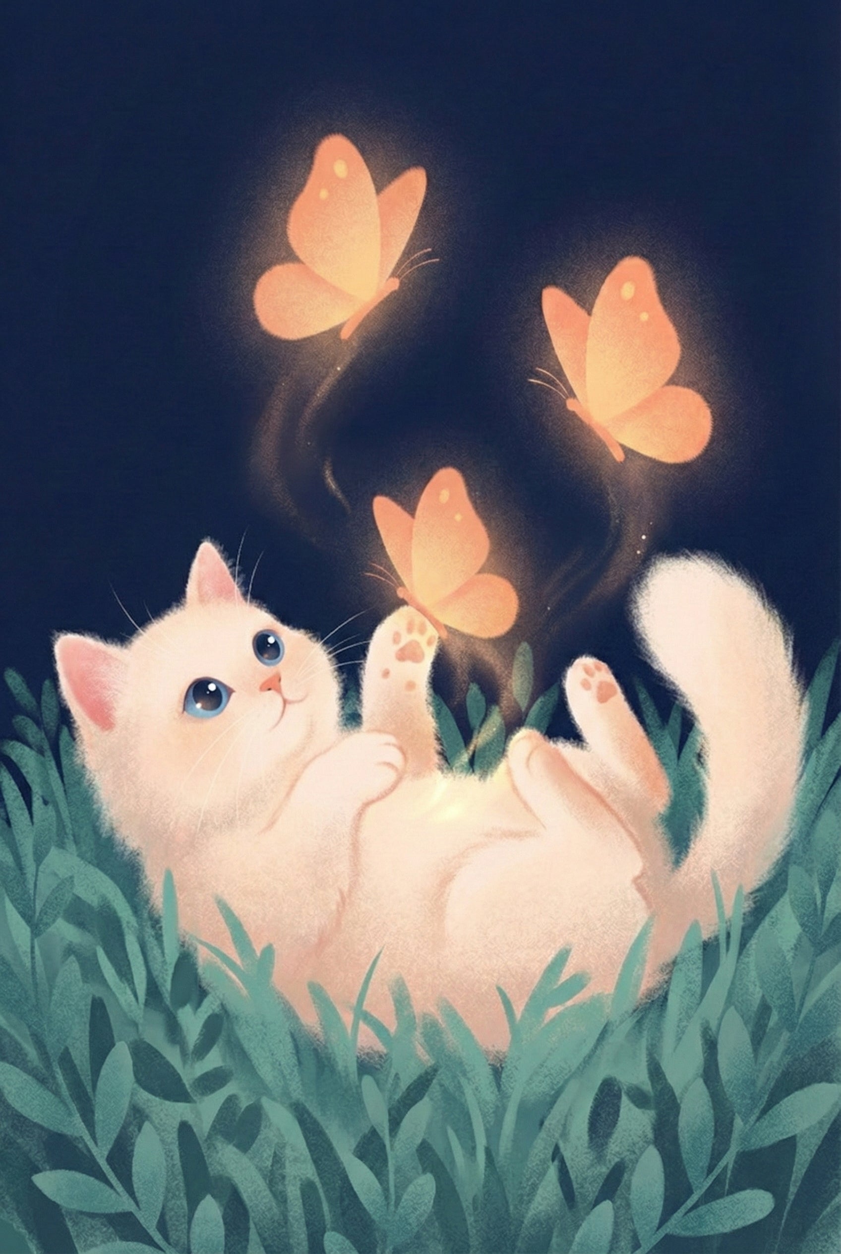 A fluffy white kitten with large blue eyes lies on its back in a bed of lush green leaves. The kitten playfully reaches up with a paw toward one of three glowing, ethereal orange butterflies fluttering above it. Each butterfly emits a warm, soft radiance that casts a gentle glow on the kitten's fur and the surrounding foliage. The background is a dark, solid navy blue, emphasizing the magical light. This whimsical digital illustration has a soft and dreamy feel.