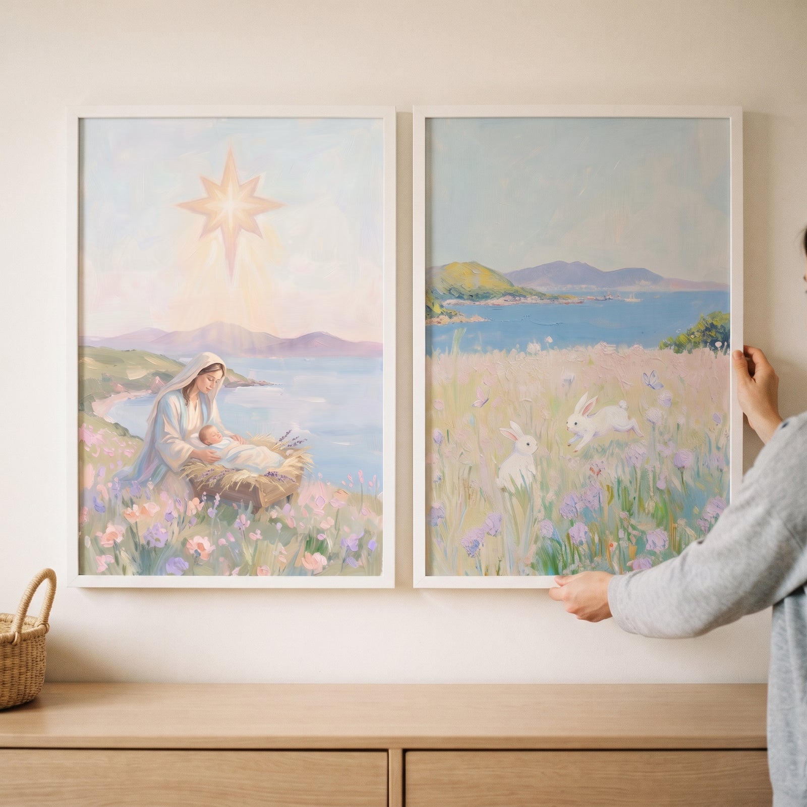 Mary and baby Jesus with bunnies in a whimsical lavender meadow coastal wall art set of 2 being hung on a wall.