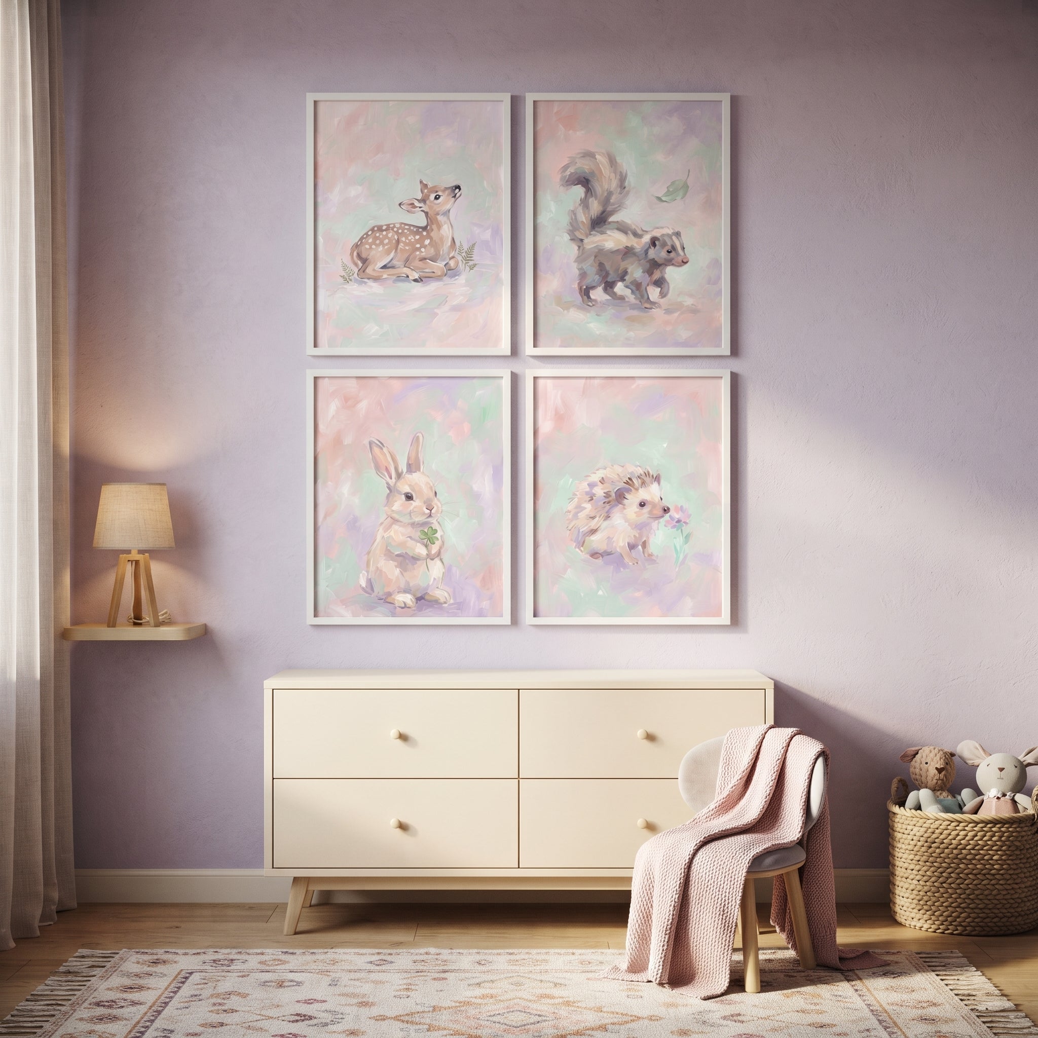 Whimsical Lilac Baby Animal Wall Art Set of 4 - Soft Forest Friends