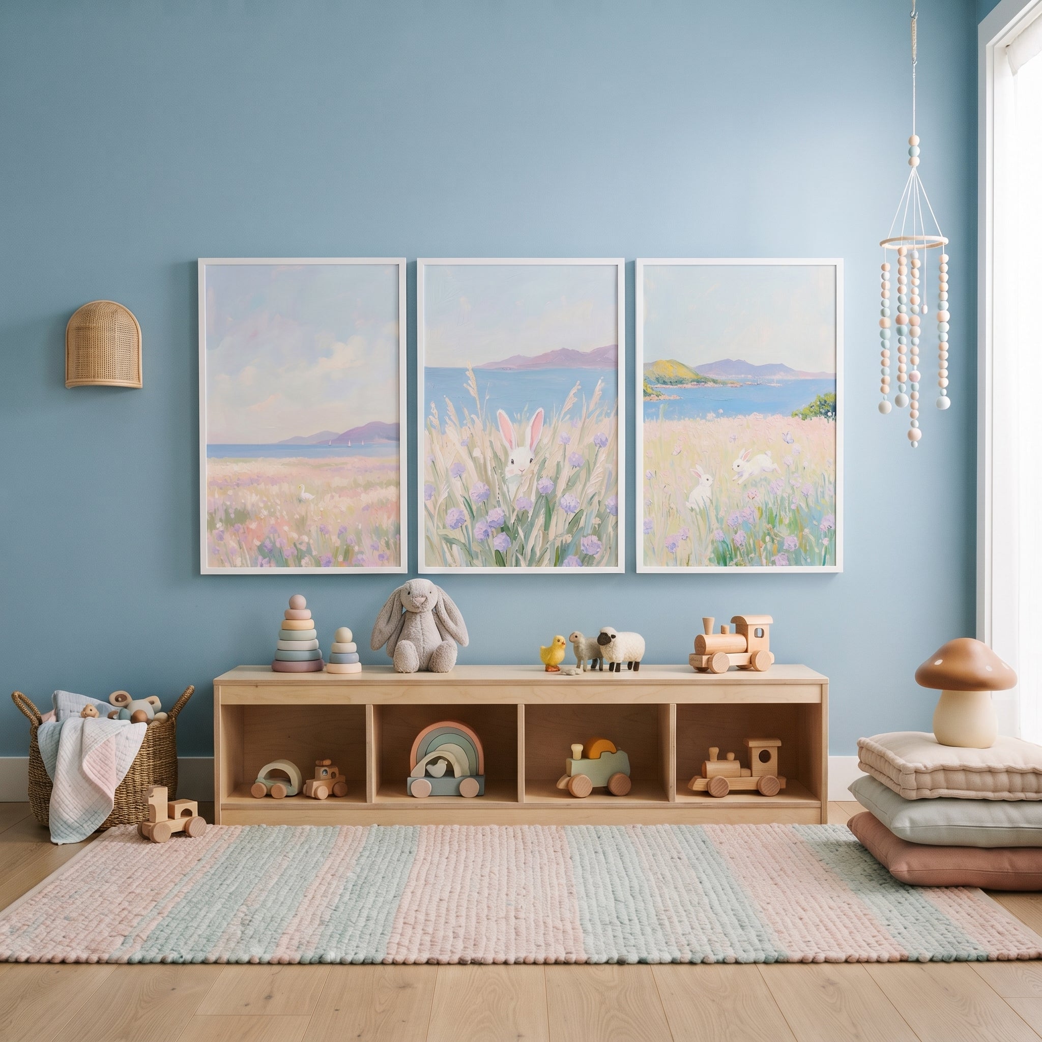 Whimsical Lilac Coastal Meadow Wall Art Set of 3 - Meadow Bunny Bliss