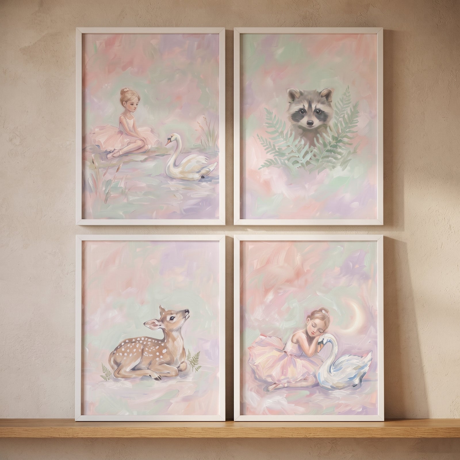 Whimsical lilac girls room wall art set of 4 with ballerinas, swans, a raccoon, and a fawn in soft pastel colors.