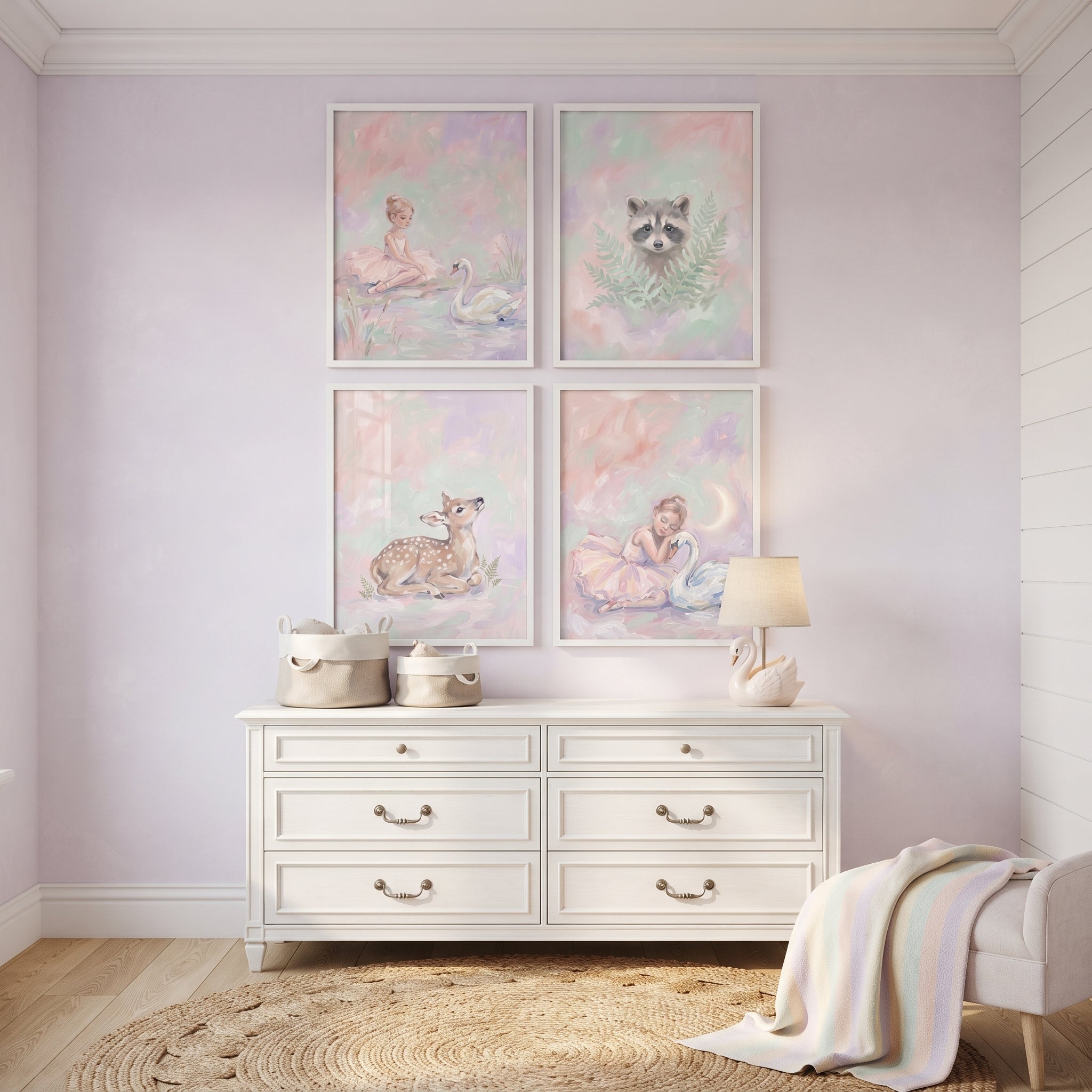 Whimsical Lilac Girls Room Wall Art Set of 4 - Whimsical Forest Dreams