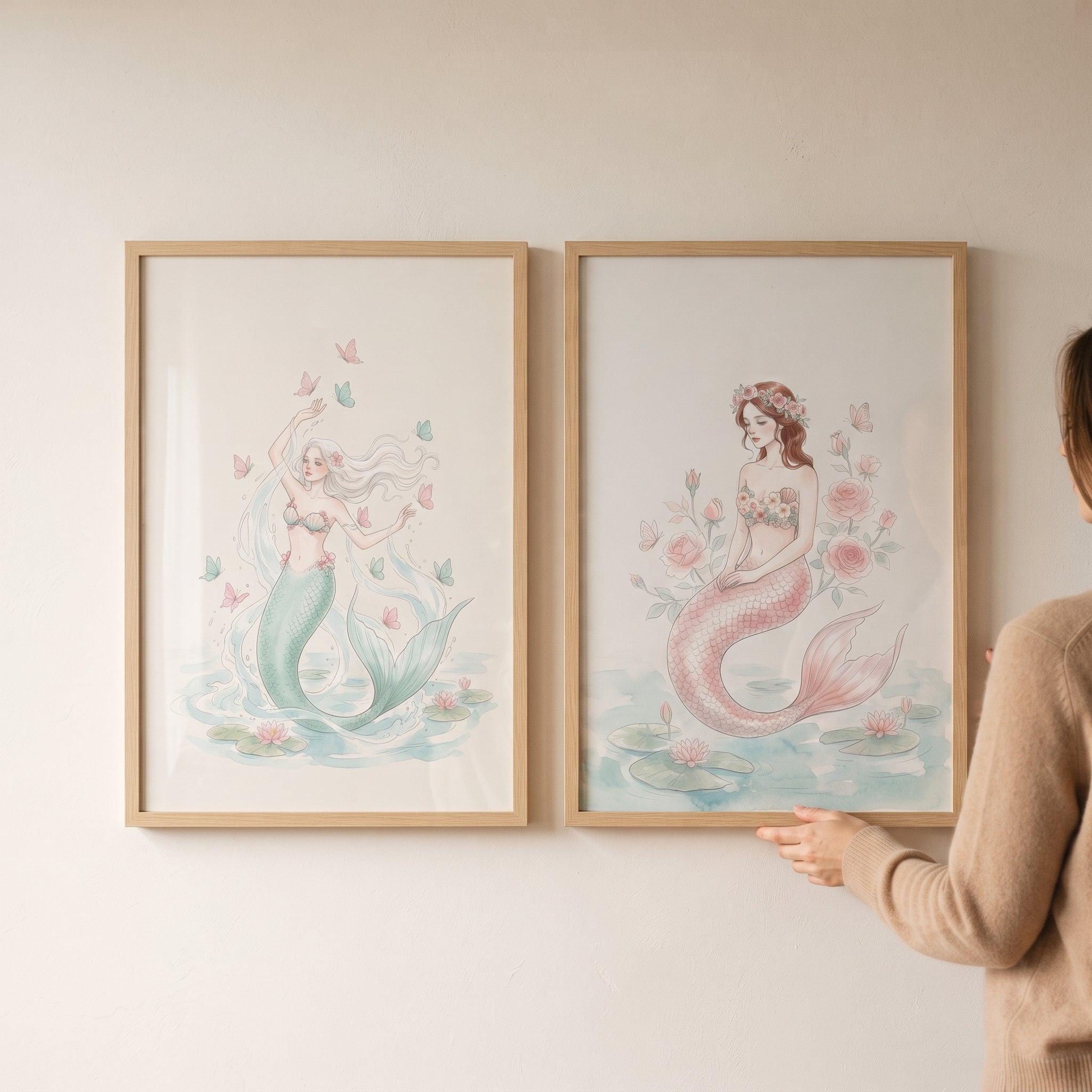 Whimsical Lily Pond Mermaid Wall Art Set of 2 - Pastel Mermaid Garden