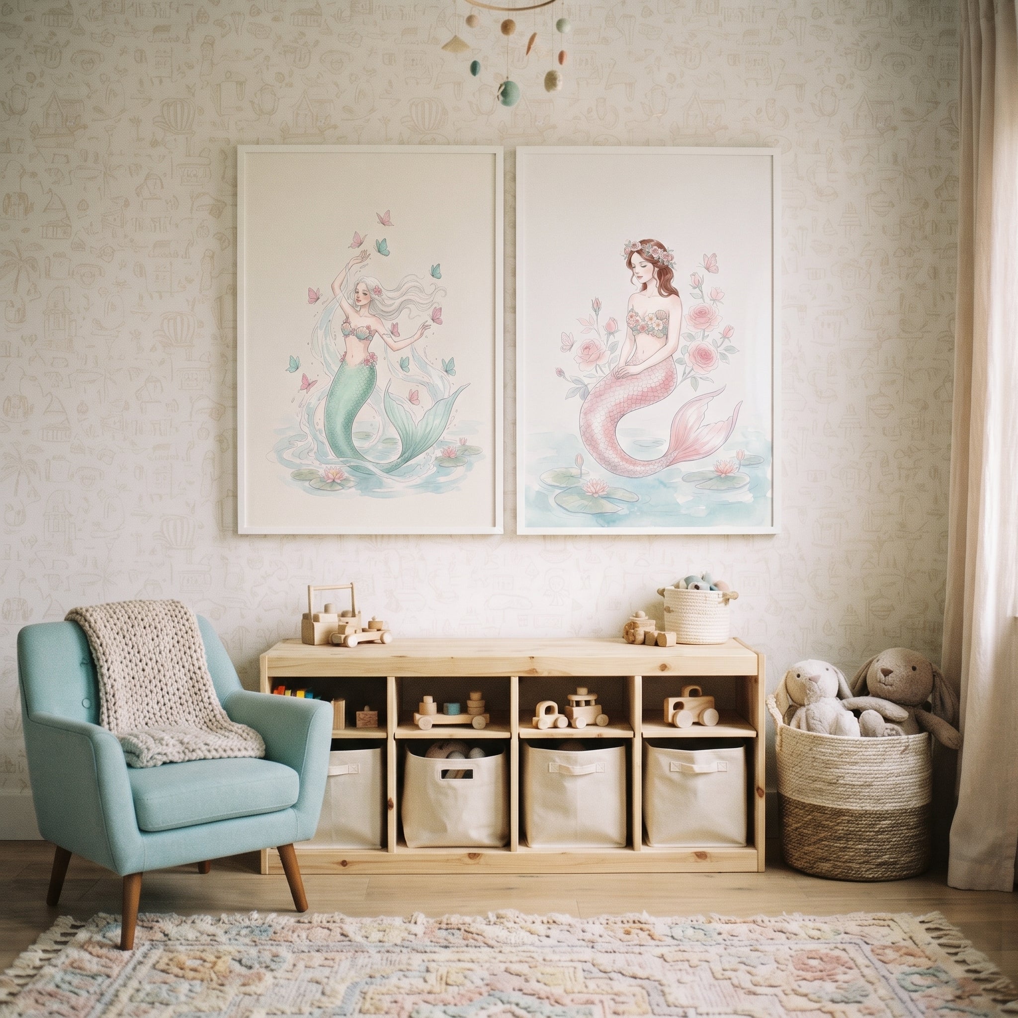 Whimsical Lily Pond Mermaid Wall Art Set of 2 - Pastel Mermaid Garden