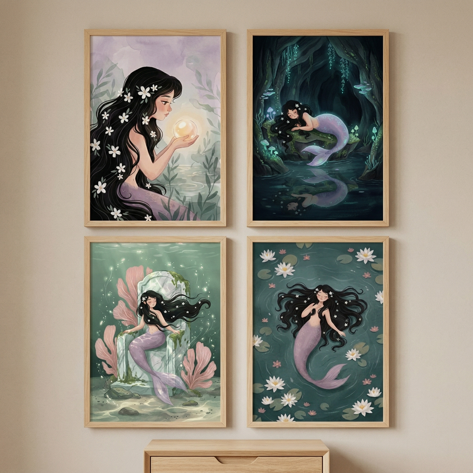 Four framed mermaid illustrations arranged in a grid on a wall each showing a mermaid with long dark hair in dreamy underwater scenes including holding a glowing orb resting in a cave sitting on a seashell and floating among lily pads. The soft muted colors and whimsical details create a calming ocean themed nursery wall display.