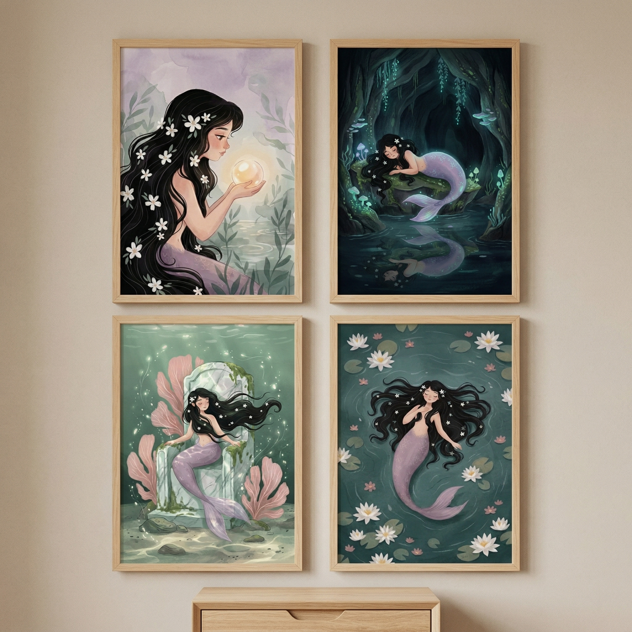 Whimsical Long Hair Mermaid Wall Art Set of 4 - Mystical Sea Maiden