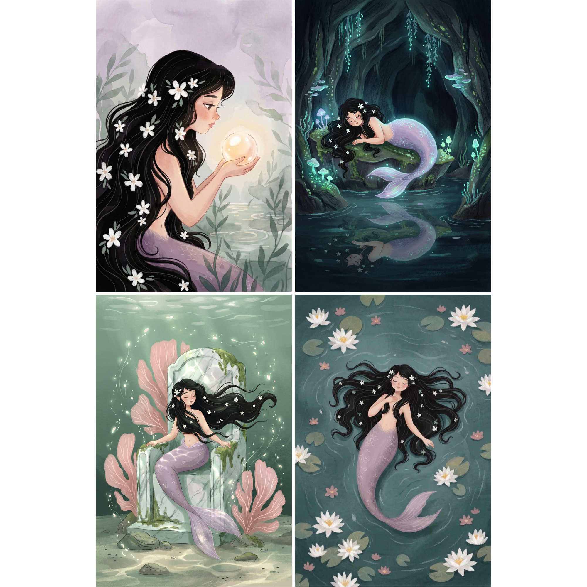 Whimsical Long Hair Mermaid Wall Art Set of 4 - Mystical Sea Maiden