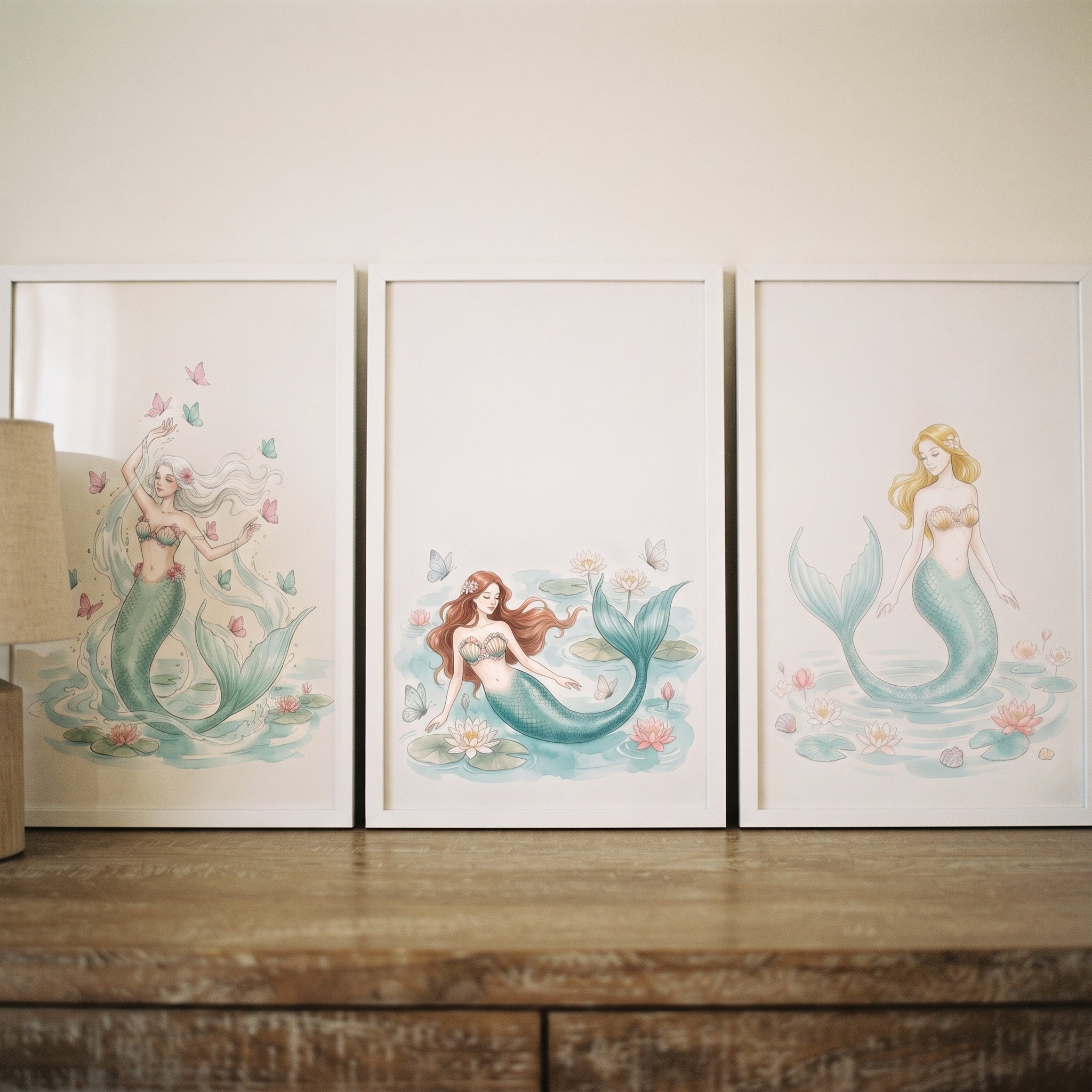 Whimsical Marine Watercolor Mermaid Wall Art Set of 3 - Serene Sea Sisters