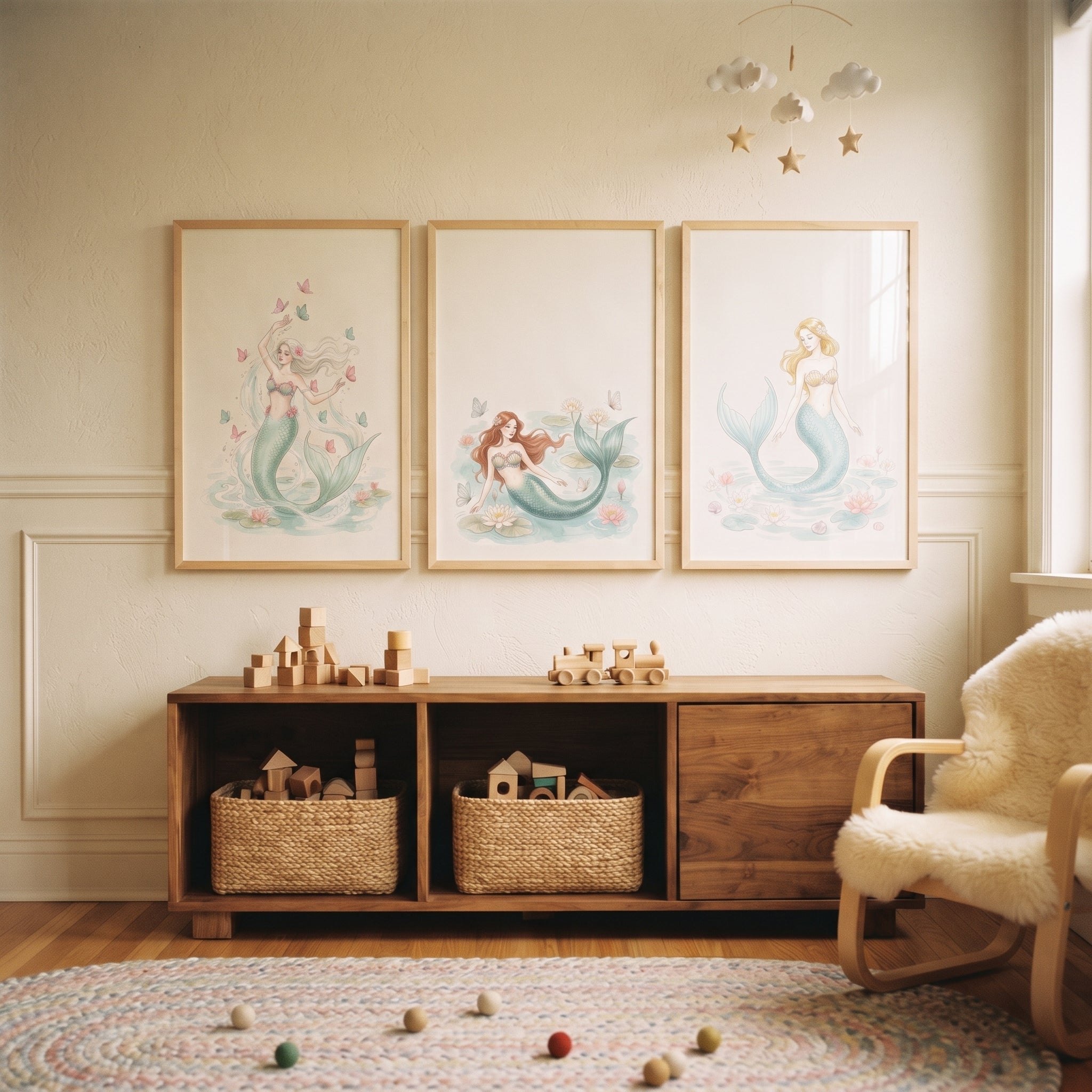 Whimsical Marine Watercolor Mermaid Wall Art Set of 3 - Serene Sea Sisters