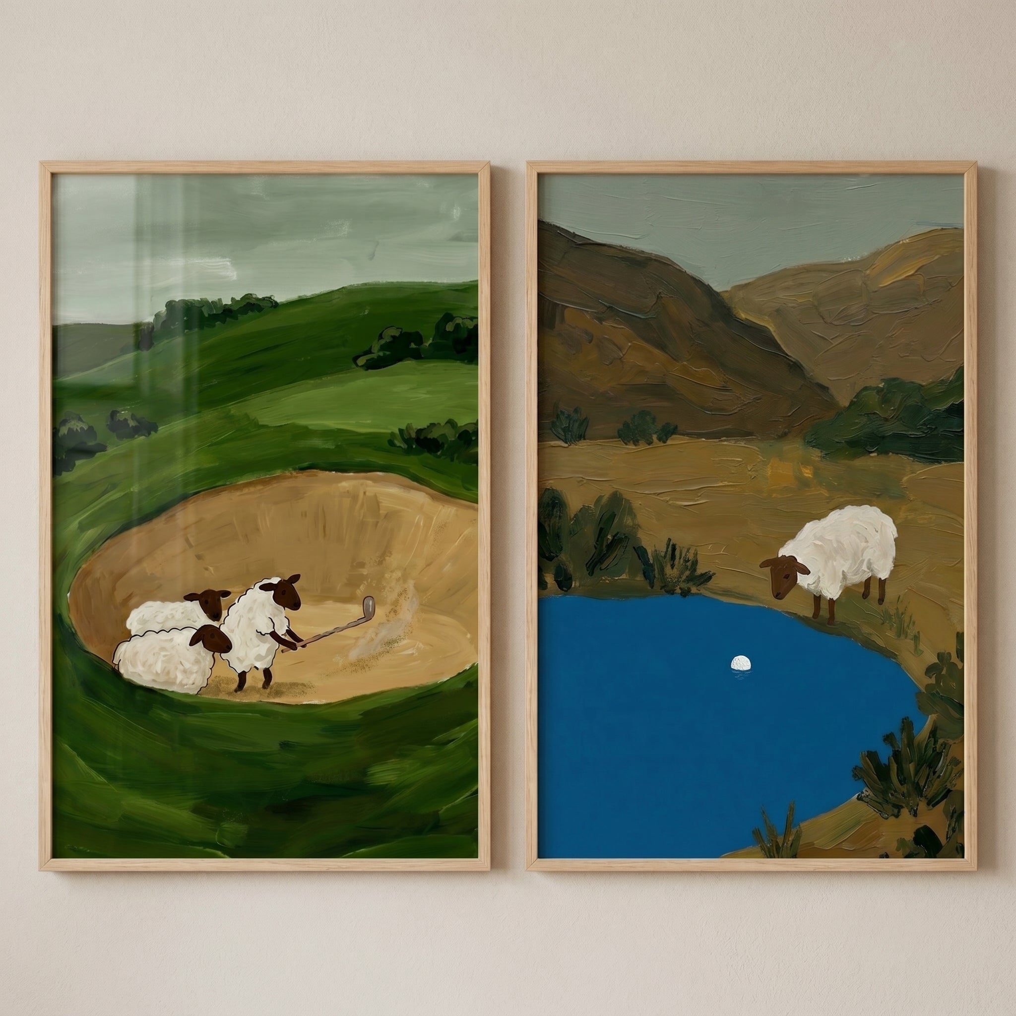 Whimsical Meadow Golfing Sheep Wall Art Set of 2 - Sheepish Golf Game