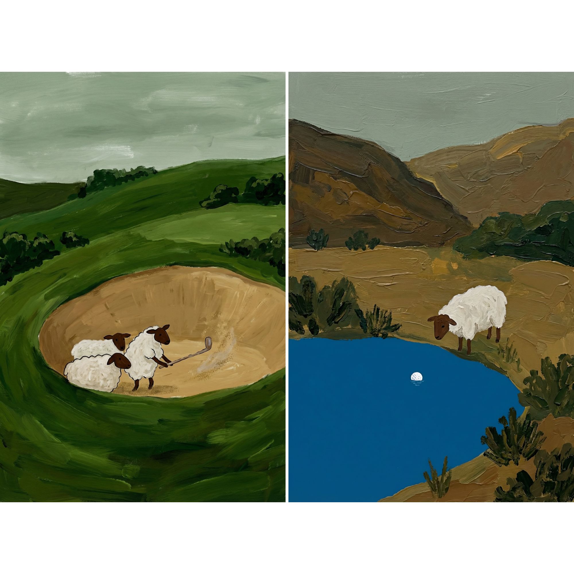 Whimsical Meadow Golfing Sheep Wall Art Set of 2 - Sheepish Golf Game
