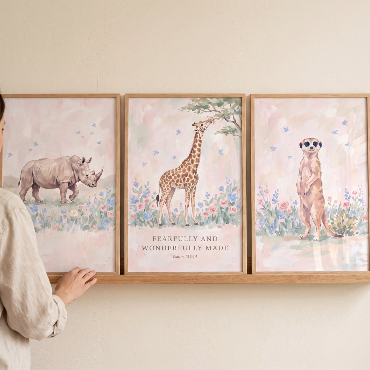 Whimsical meadow safari animals wall art set of 3 with a rhino, giraffe with Psalm 139:14 text, and a meerkat.