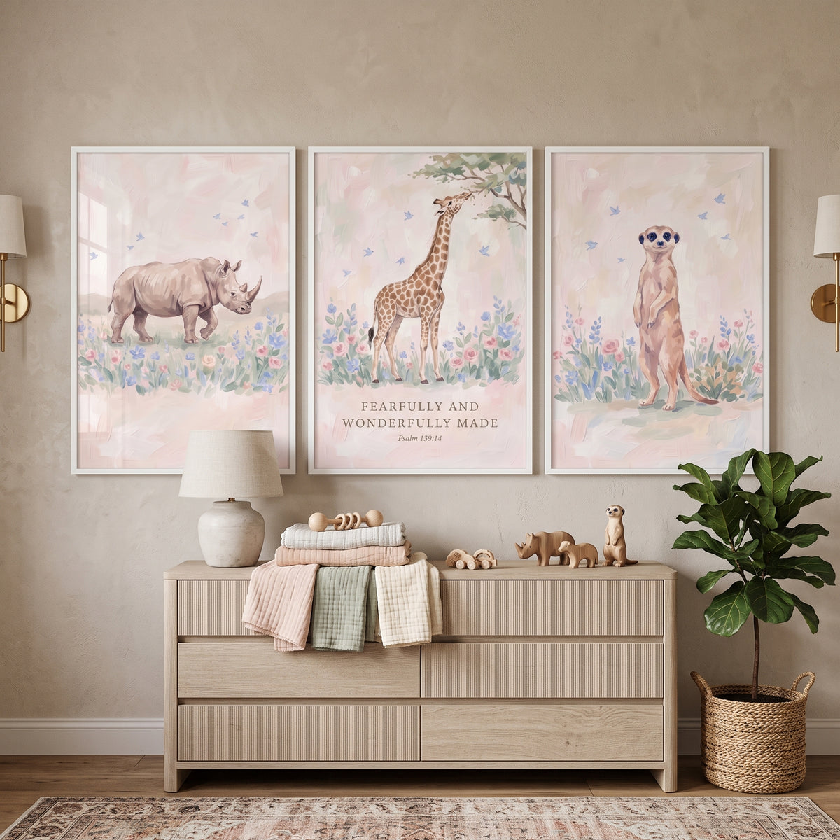 Whimsical Meadow Safari Animals Wall Art Set Of 3 - Blessed Savannah Art
