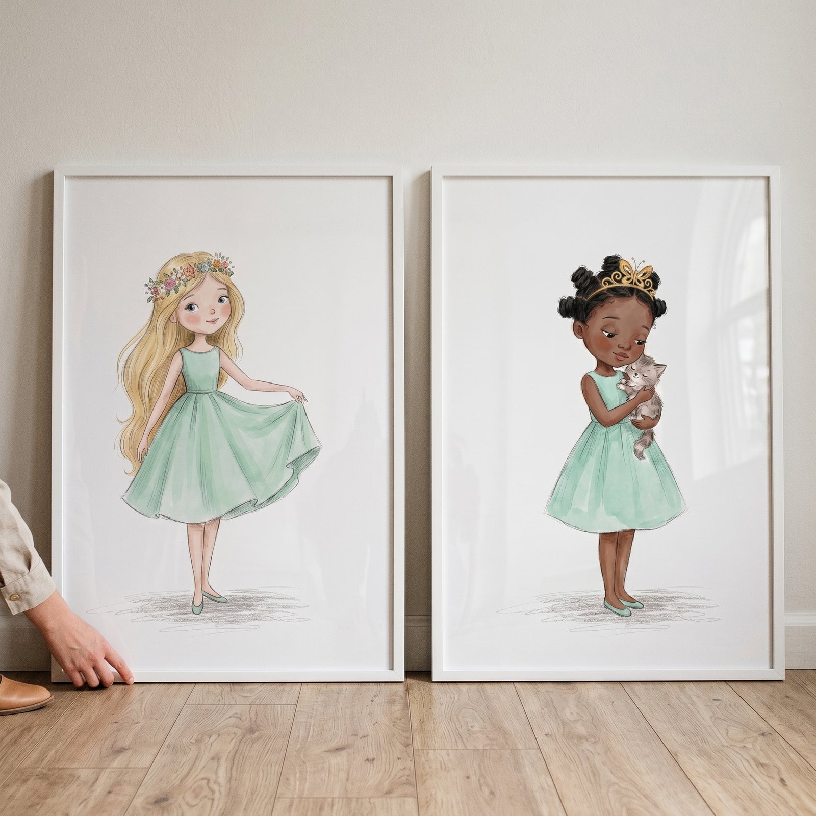 Whimsical mint dress girl wall art set of 2 shows framed illustrations of diverse young girls in mint green dresses.