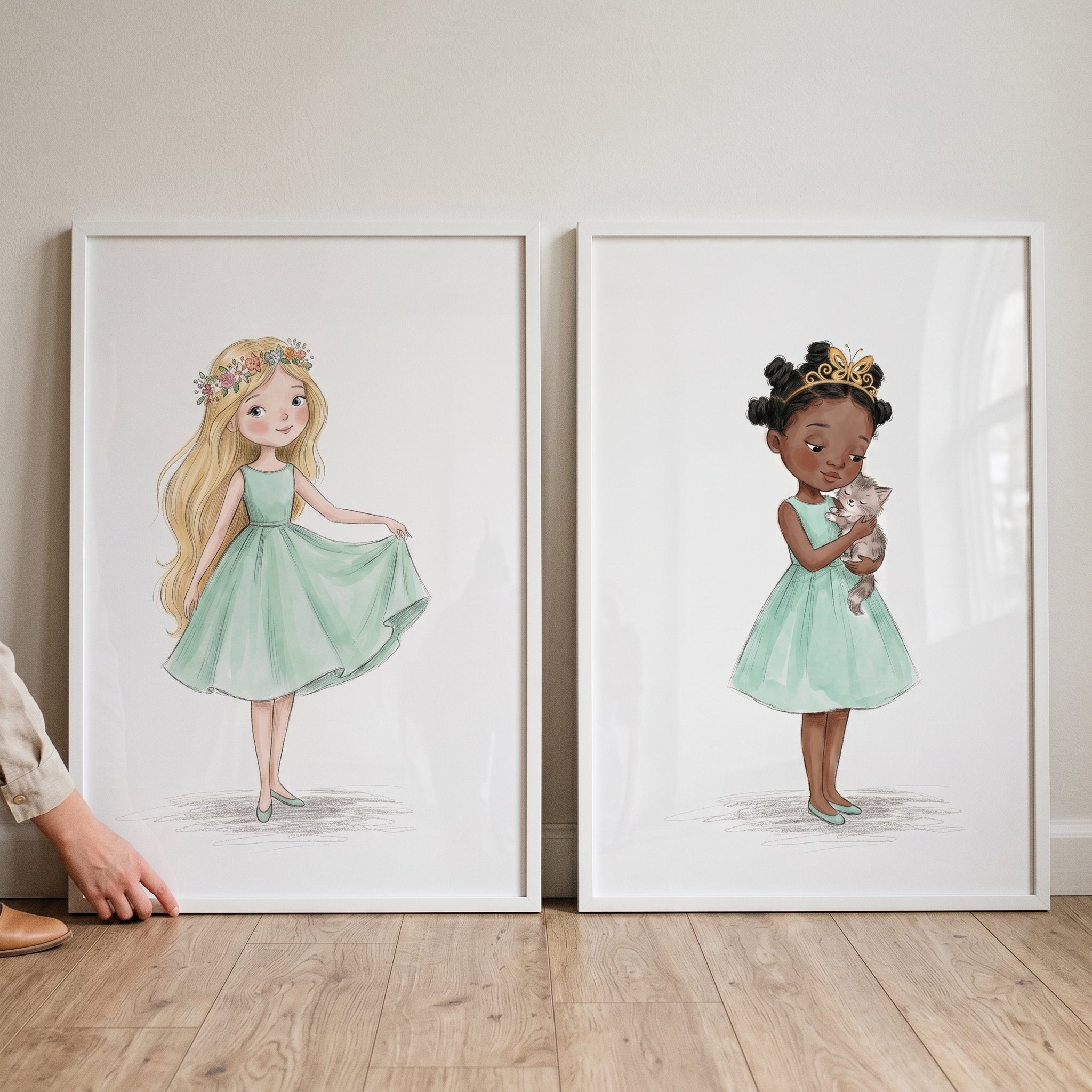 Whimsical Mint Dress Girl Wall Art Set of 2 - Sweet Mint Friends