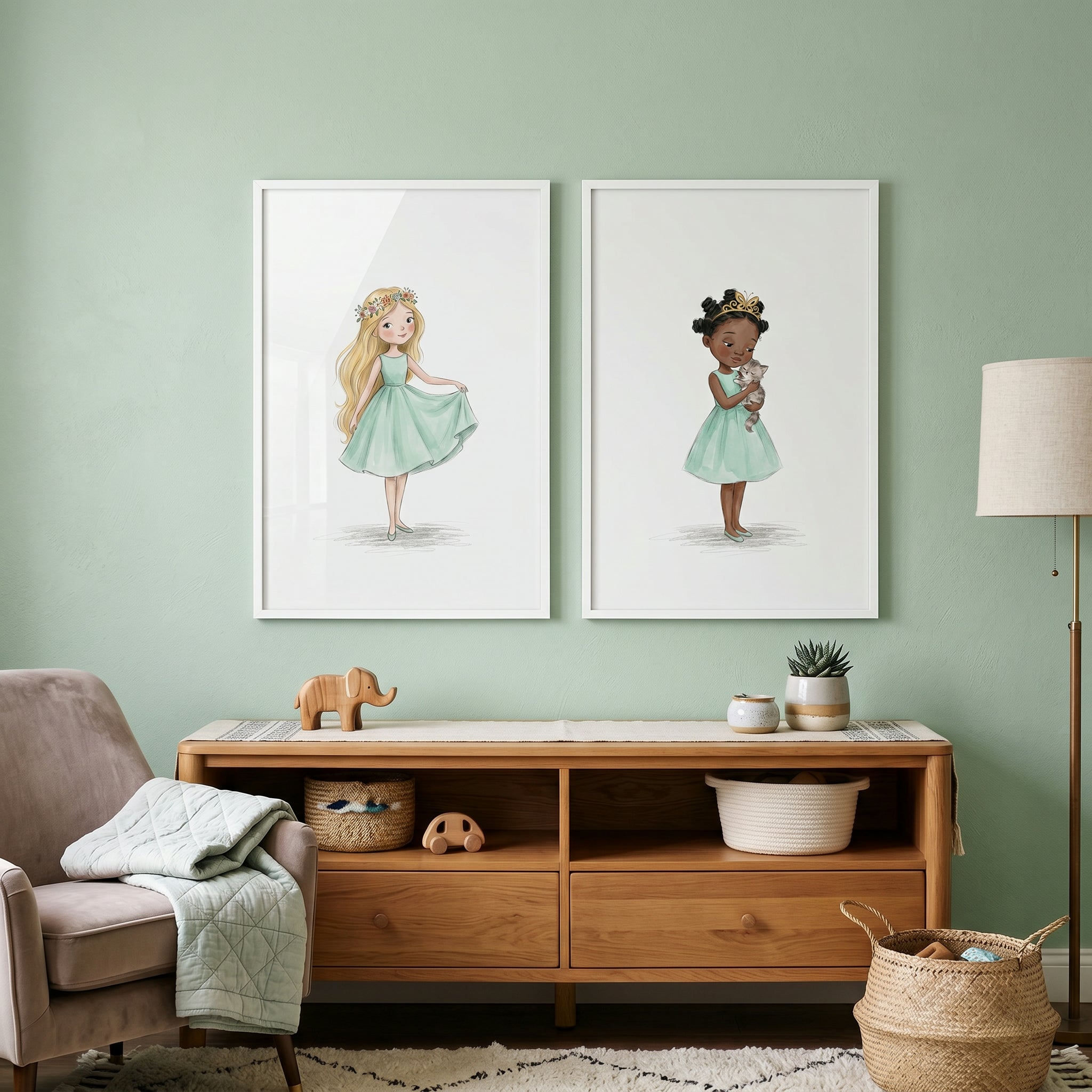 Whimsical Mint Dress Girl Wall Art Set of 2 - Sweet Mint Friends