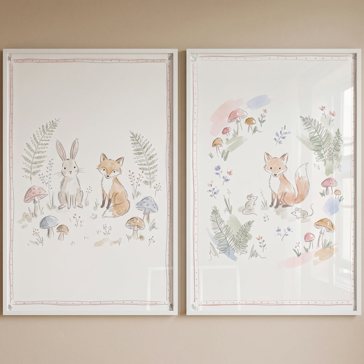 Whimsical Mushroom Forest Animal Wall Art Set of 2 - Soft Woodland Sketches