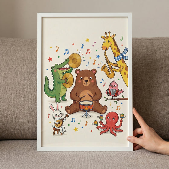 Whimsical musical animal band wall art featuring a bear, giraffe, crocodile, rabbit, and octopus playing instruments.