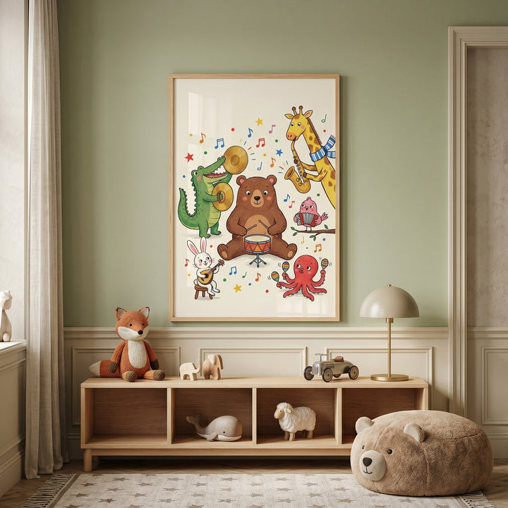 Whimsical musical animal band wall art in a nursery with a wooden toy shelf and a bear-shaped floor cushion.