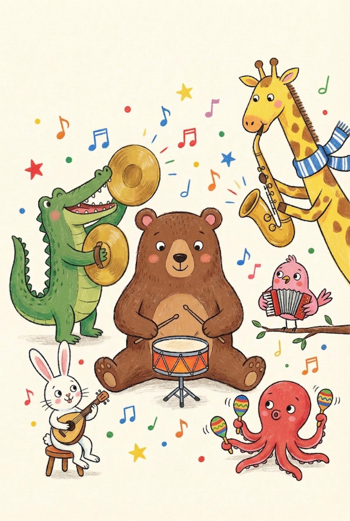 Whimsical musical animal band wall art with a bear, giraffe, and crocodile playing instruments among floating music notes.