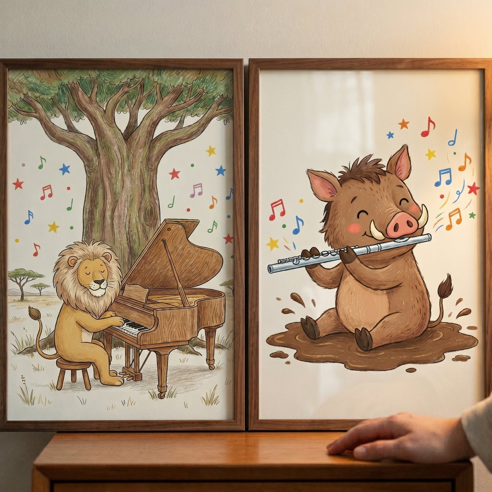 Whimsical musical safari animals wall art set of 2 features a lion playing piano and a boar playing a flute.