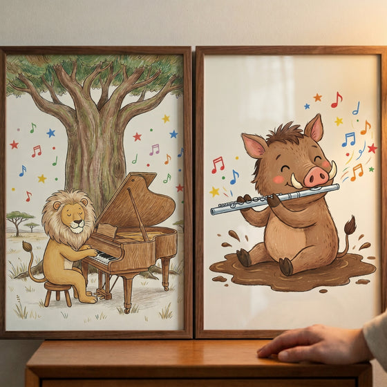 Whimsical musical safari animals wall art set of 2 features a lion playing piano and a boar playing a flute.