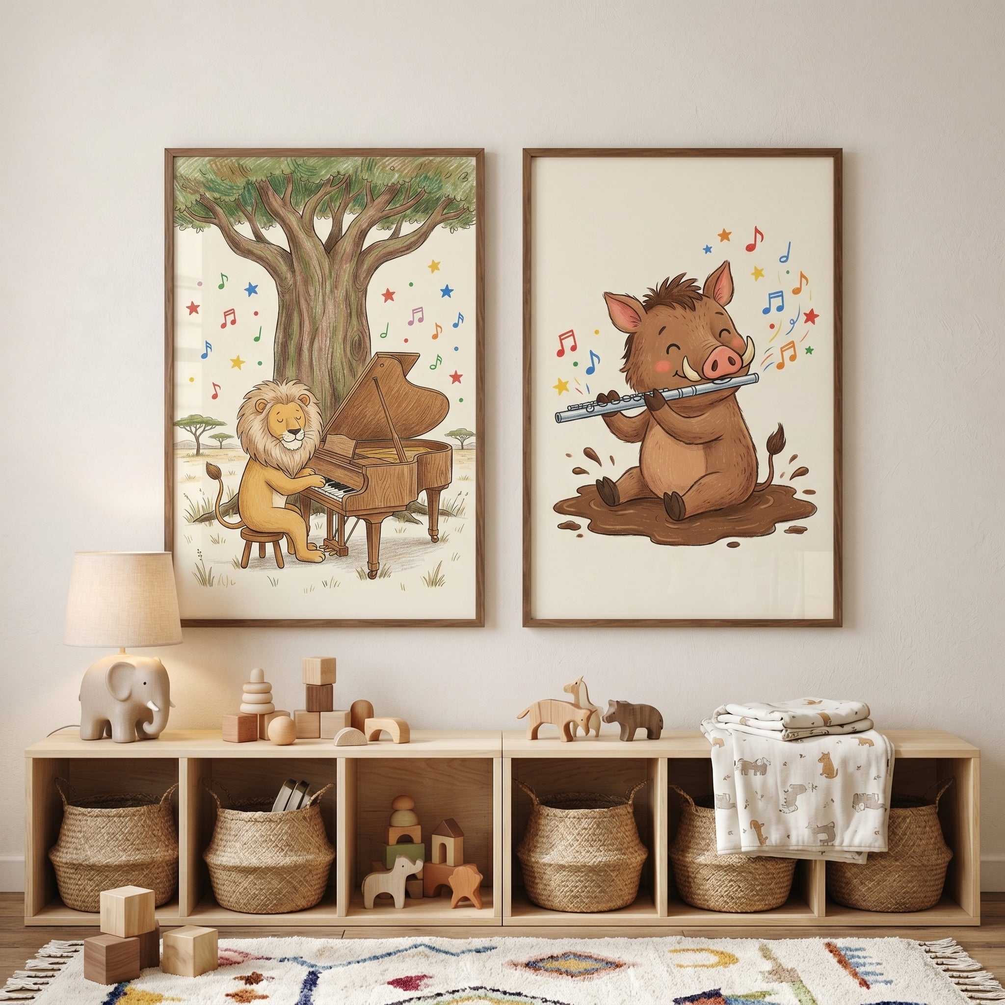 Whimsical Musical Safari Animals Wall Art Set Of 2 - Savanna Serenade