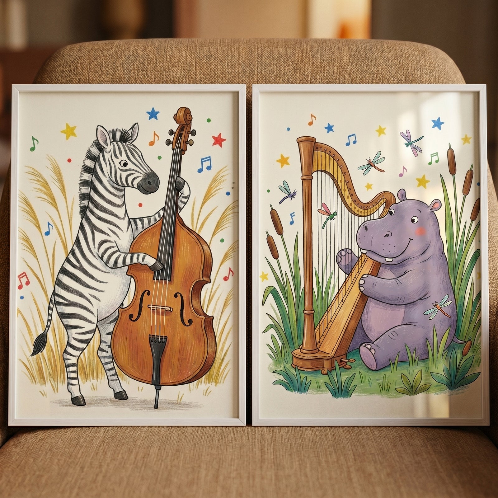 Whimsical musical savanna animals wall art set of 2 features a zebra playing a double bass and a hippo playing a harp.