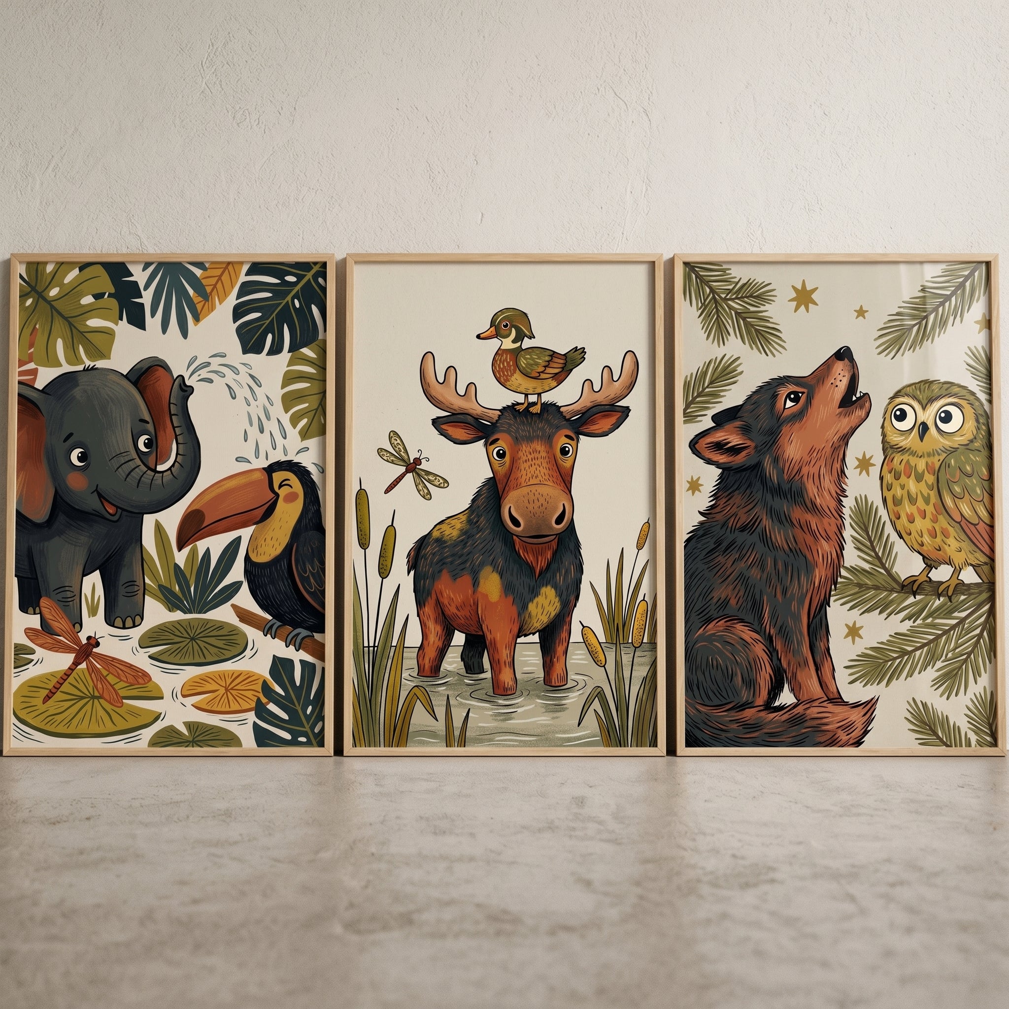 Whimsical Nature Illustrated Animals Wall Art Set of 3 - Wildland Animal Trio