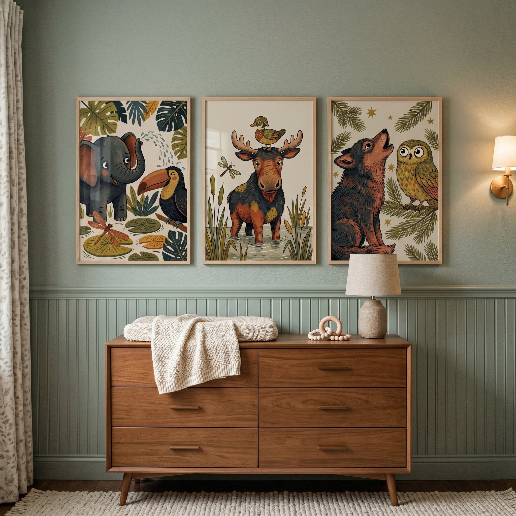 Whimsical Nature Illustrated Animals Wall Art Set of 3 - Wildland Animal Trio