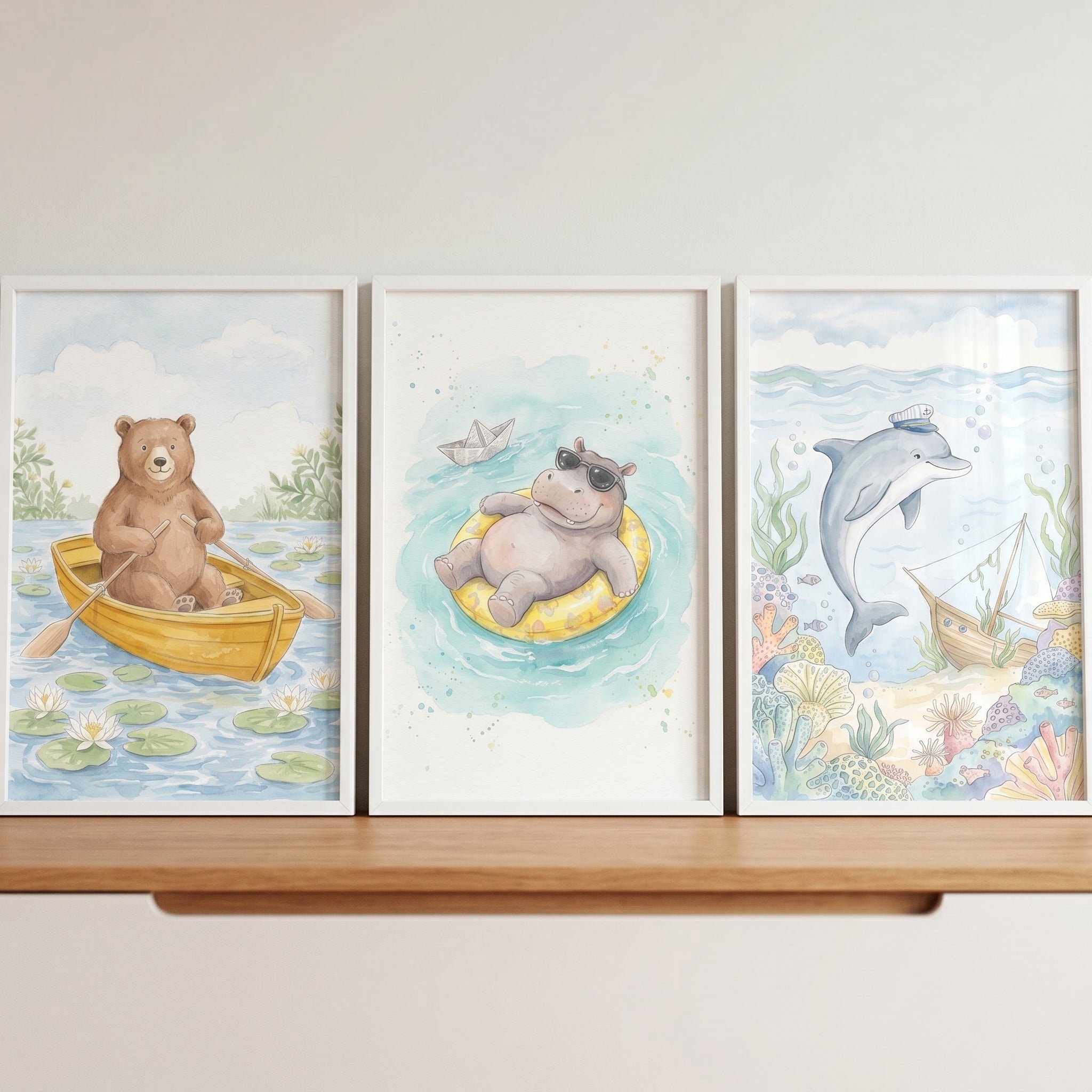 Whimsical Nautical Animal Wall Art Set of 3 - Whimsical Water Friends